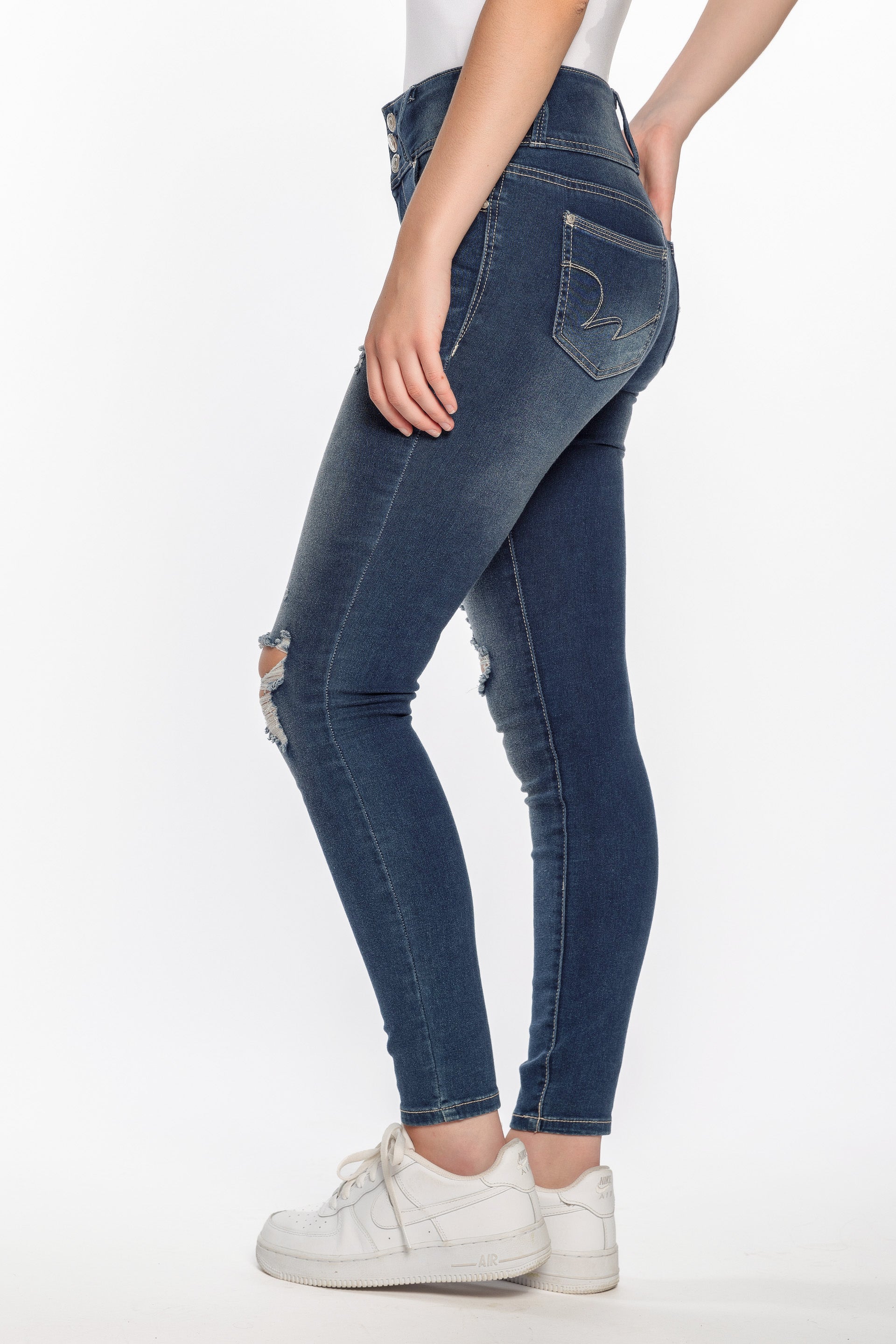 WallFlower Iris Wash Insta-Soft Sassy Skinny Distressed High-Rise Jegging with Triple Button Fly