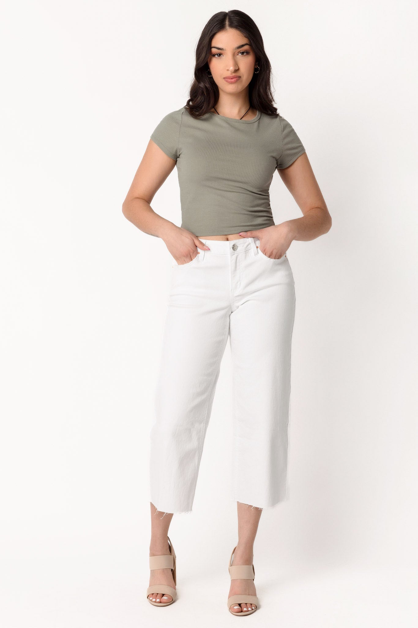 YMI White Wide-Leg Cropped Jean with Raw Hem