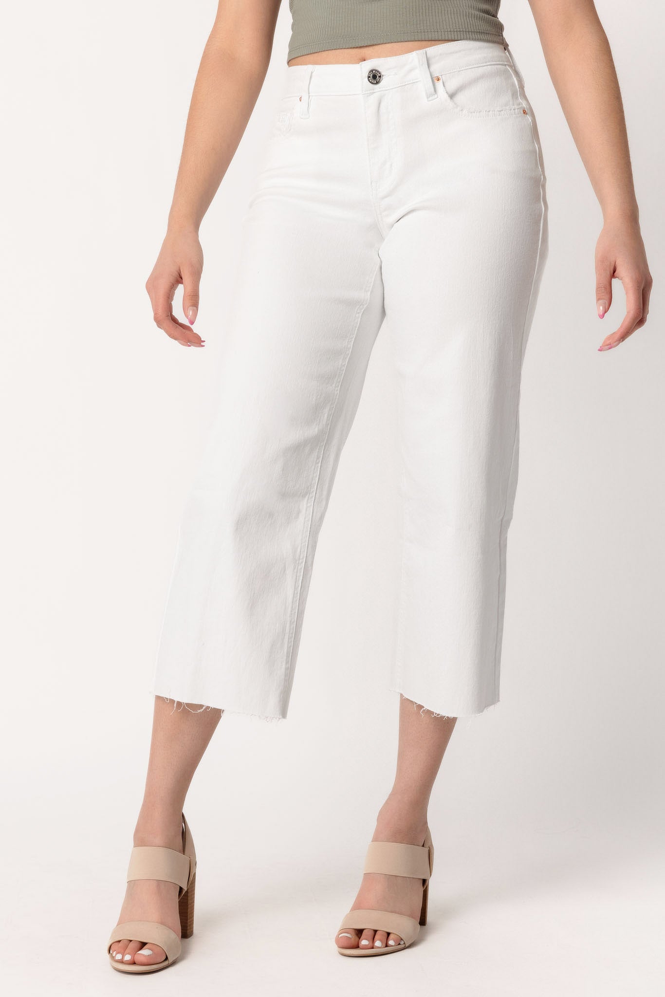 YMI White Wide-Leg Cropped Jean with Raw Hem