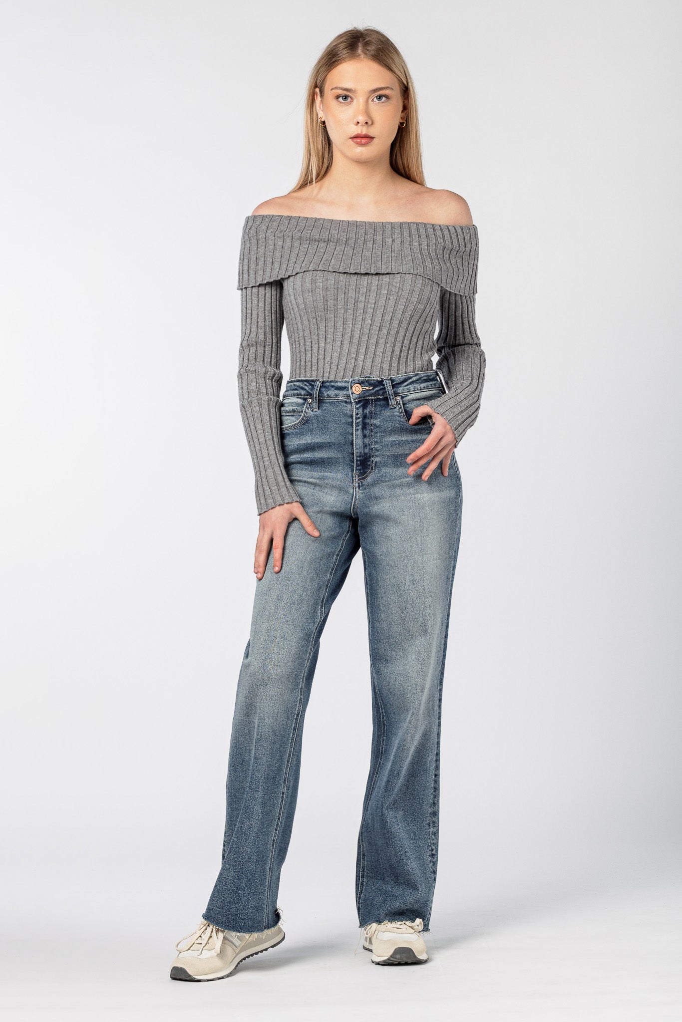 YMI High-Rise Straight Leg Jeans in Medium Wash with Raw Hem