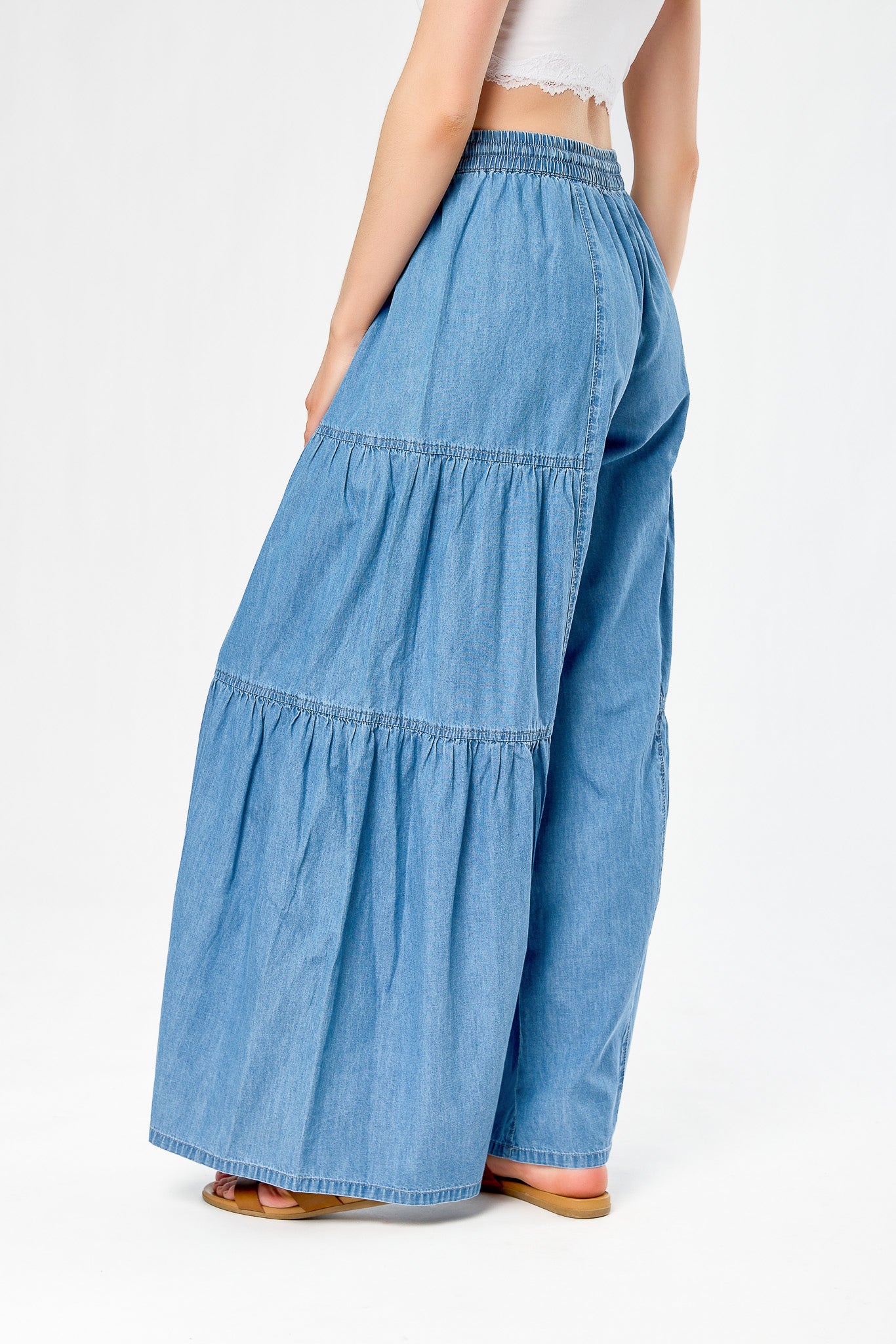 Almost Famous Chambray Tiered Palazzo Pants