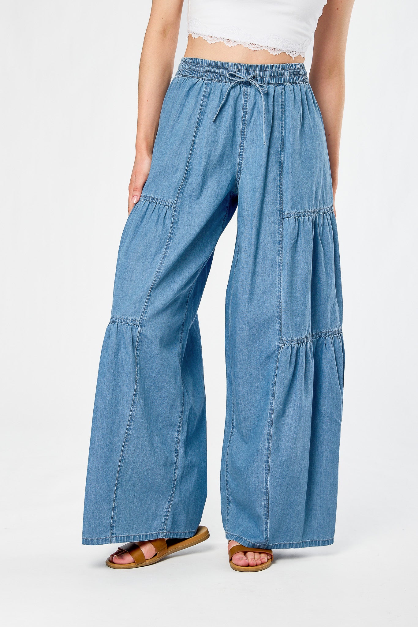 Almost Famous Chambray Tiered Palazzo Pants