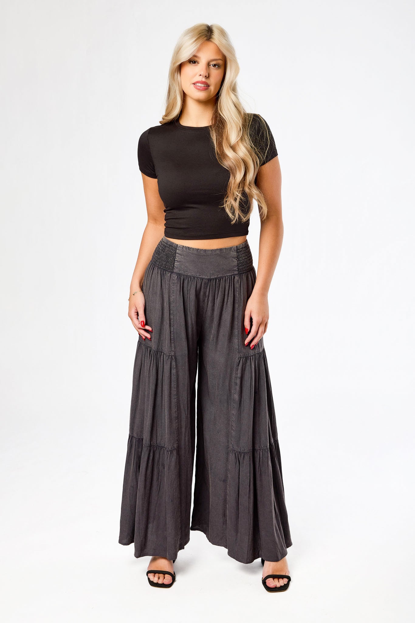 Acid Wash Denim Tiered Wideleg Pant