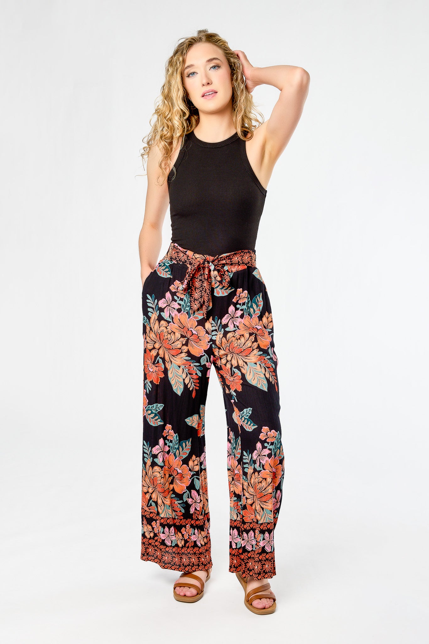 Bright Floral Tie-Belt Palazzo Pant