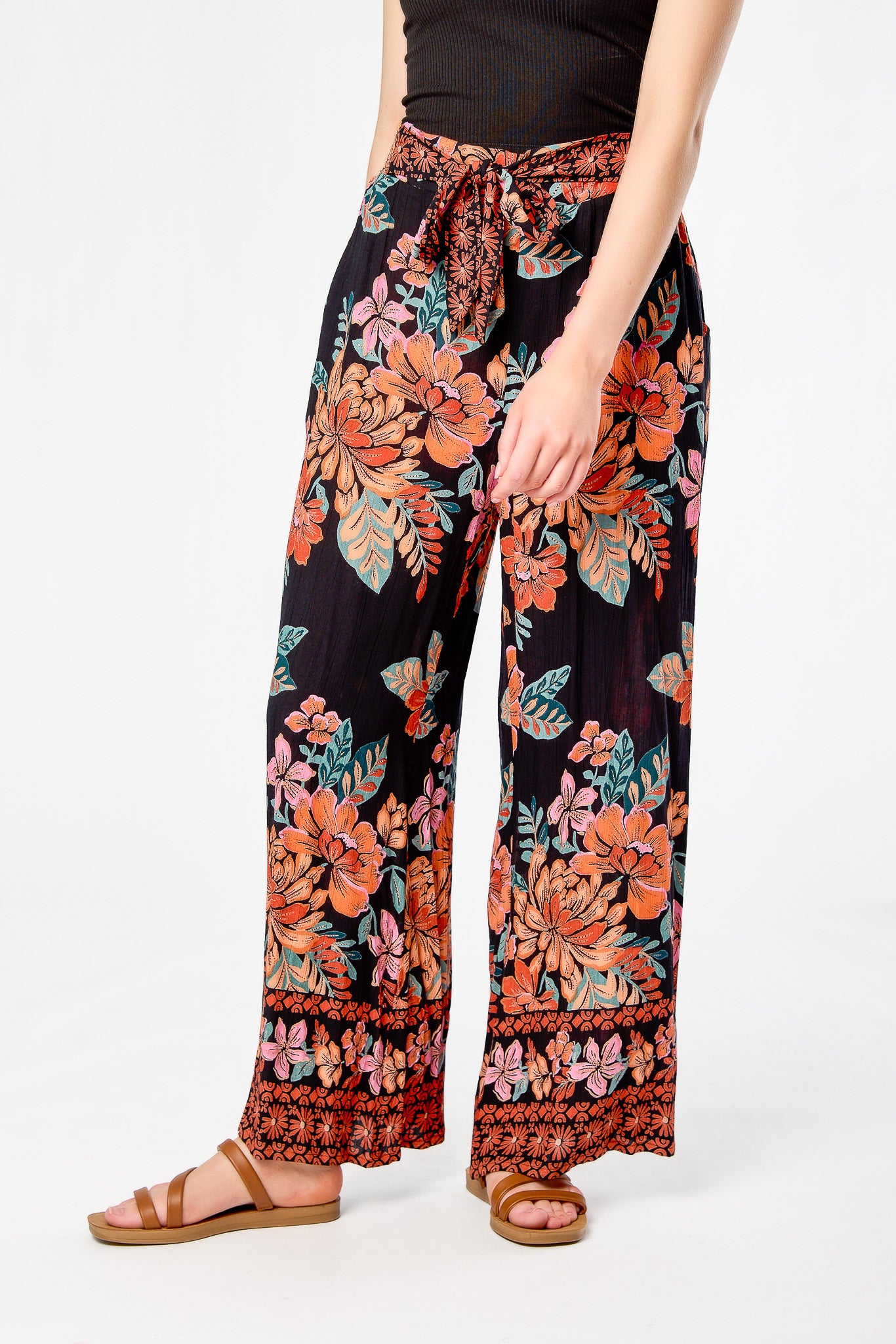 Bright Floral Tie-Belt Palazzo Pant