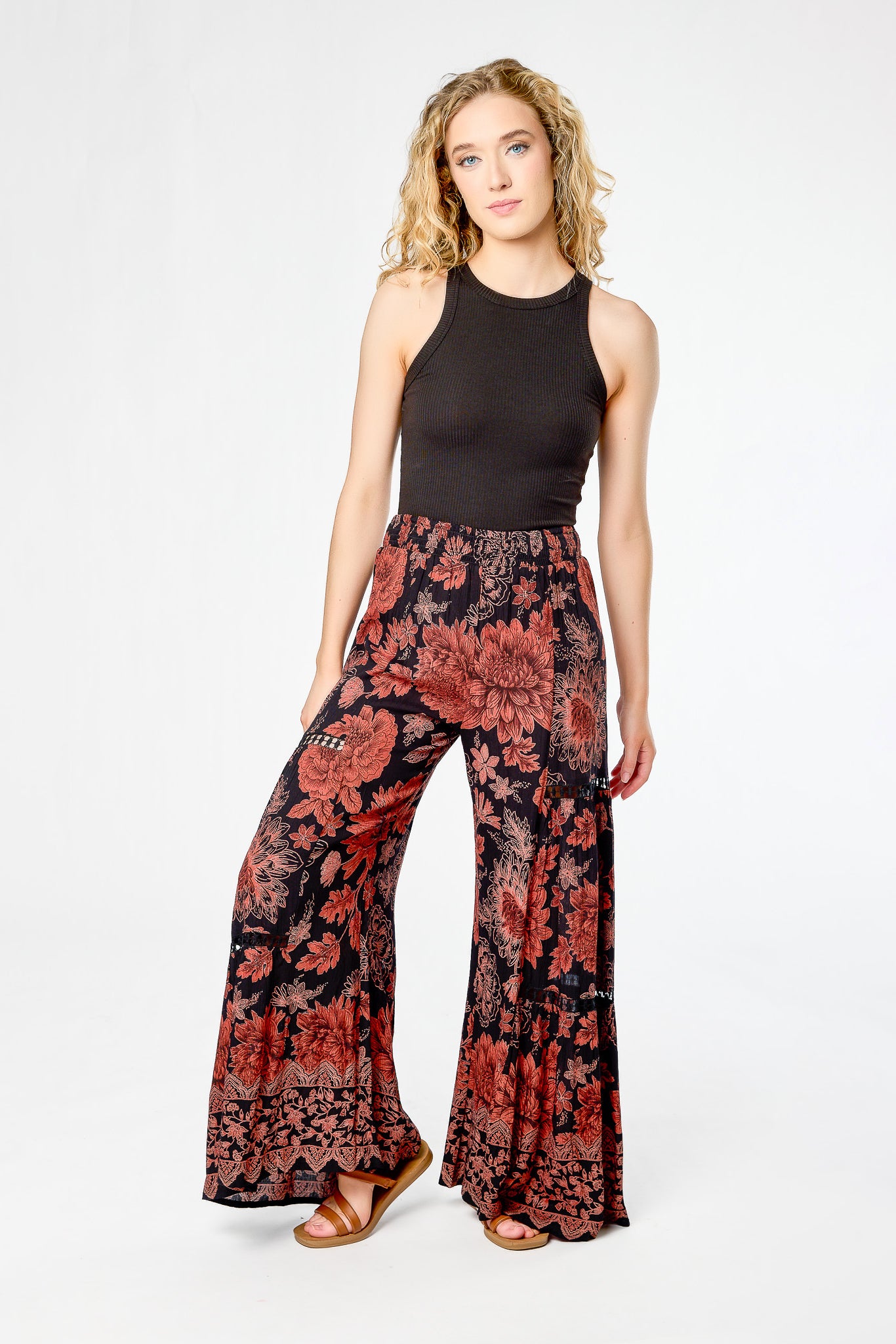 Boho Floral Tiered Wide-Leg Pant with Crochet Inserts