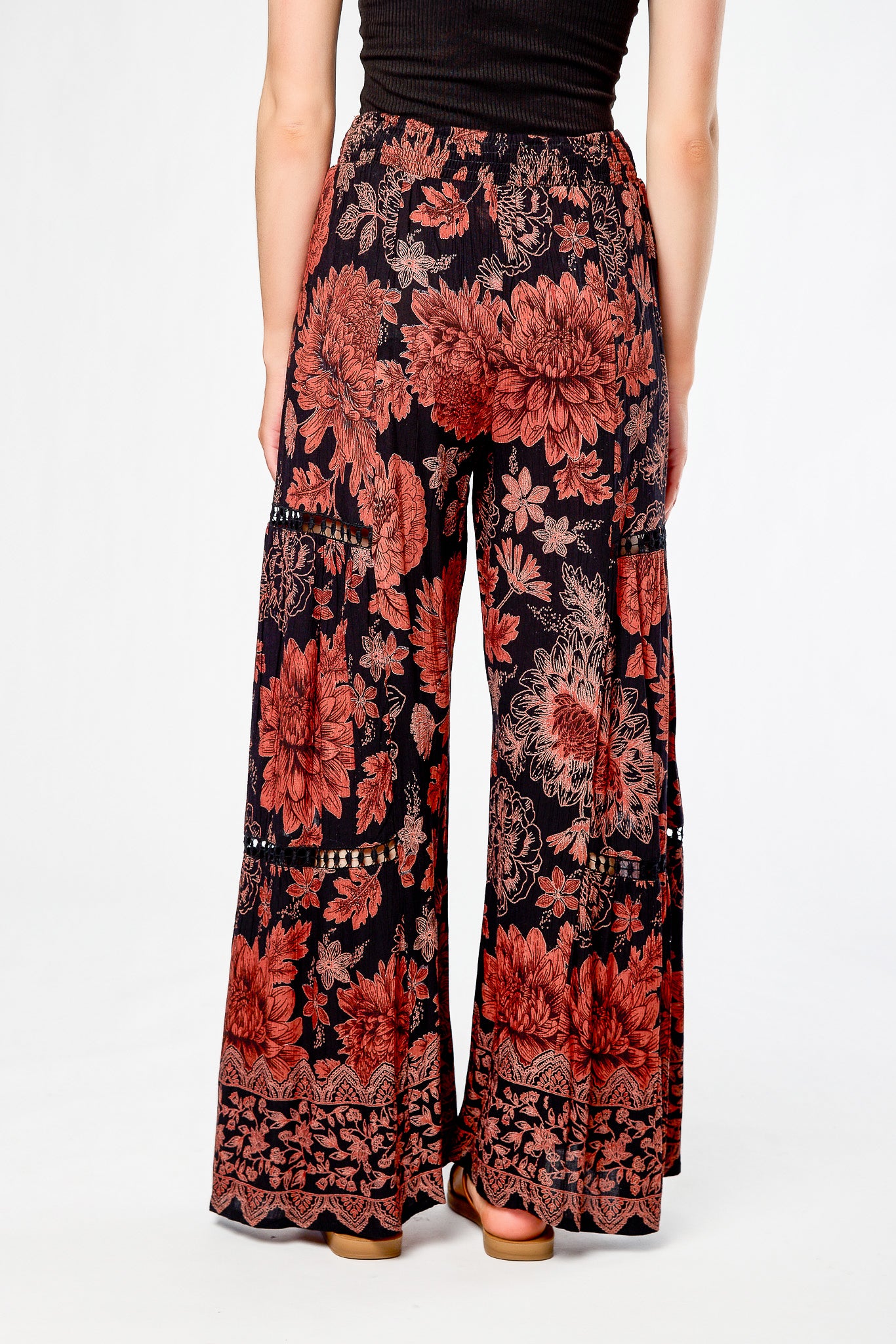 Boho Floral Tiered Wide-Leg Pant with Crochet Inserts