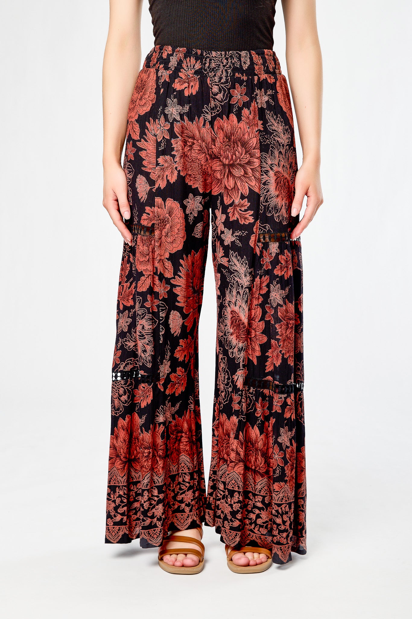 Boho Floral Tiered Wide-Leg Pant with Crochet Inserts