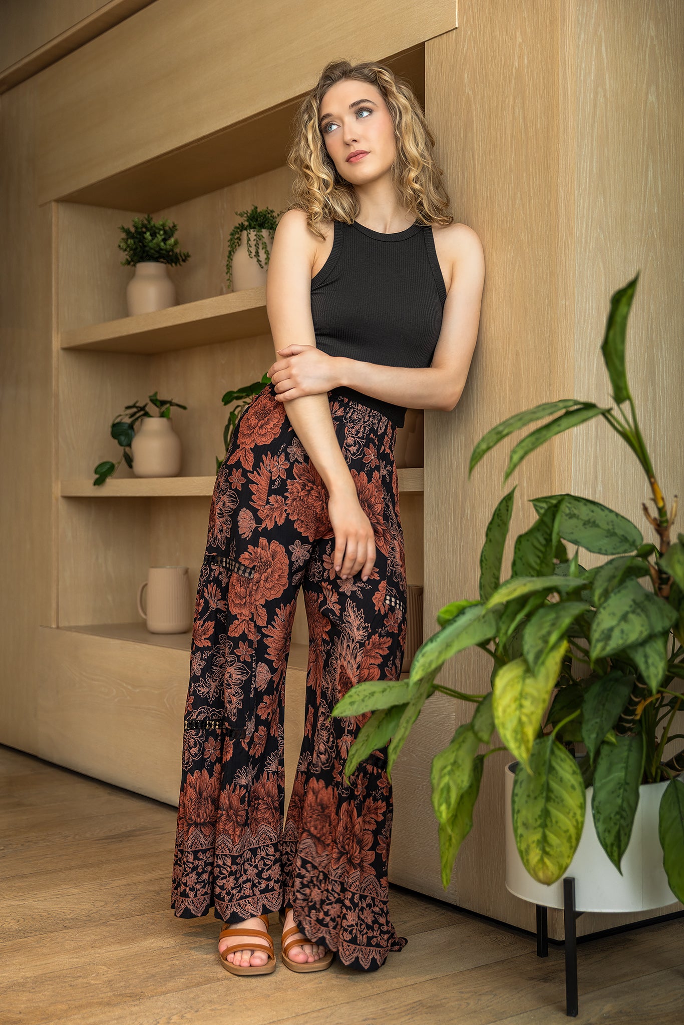 Boho Floral Tiered Wide-Leg Pant with Crochet Inserts