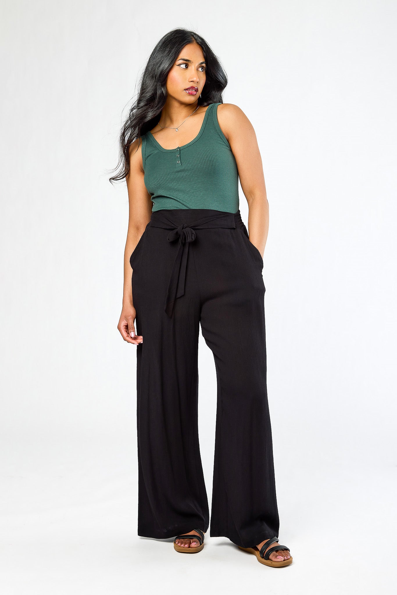Rayon Gauze Tie-Belt Palazzo Pant