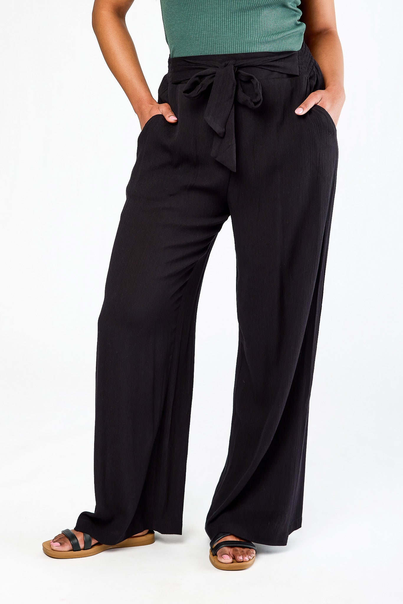 Rayon Gauze Tie-Belt Palazzo Pant