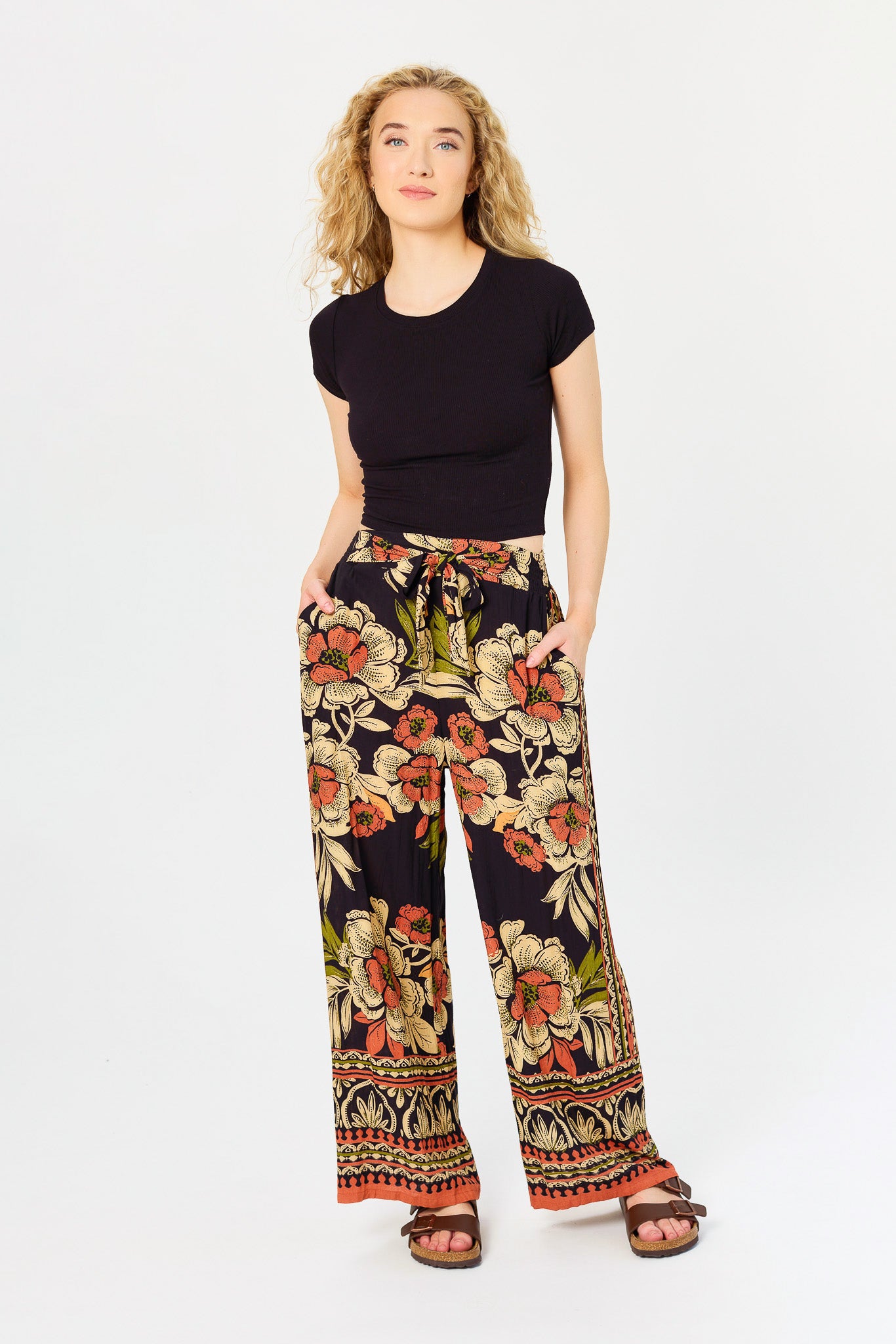 Large Floral Palazzo Pant with Tie-Belt