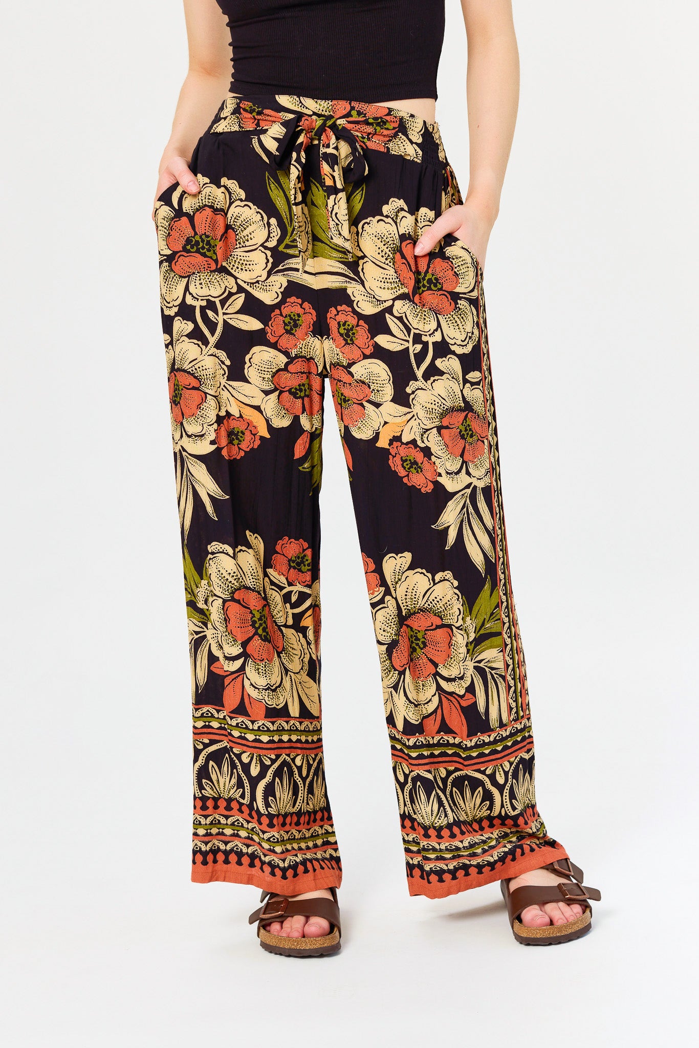 Large Floral Palazzo Pant with Tie-Belt