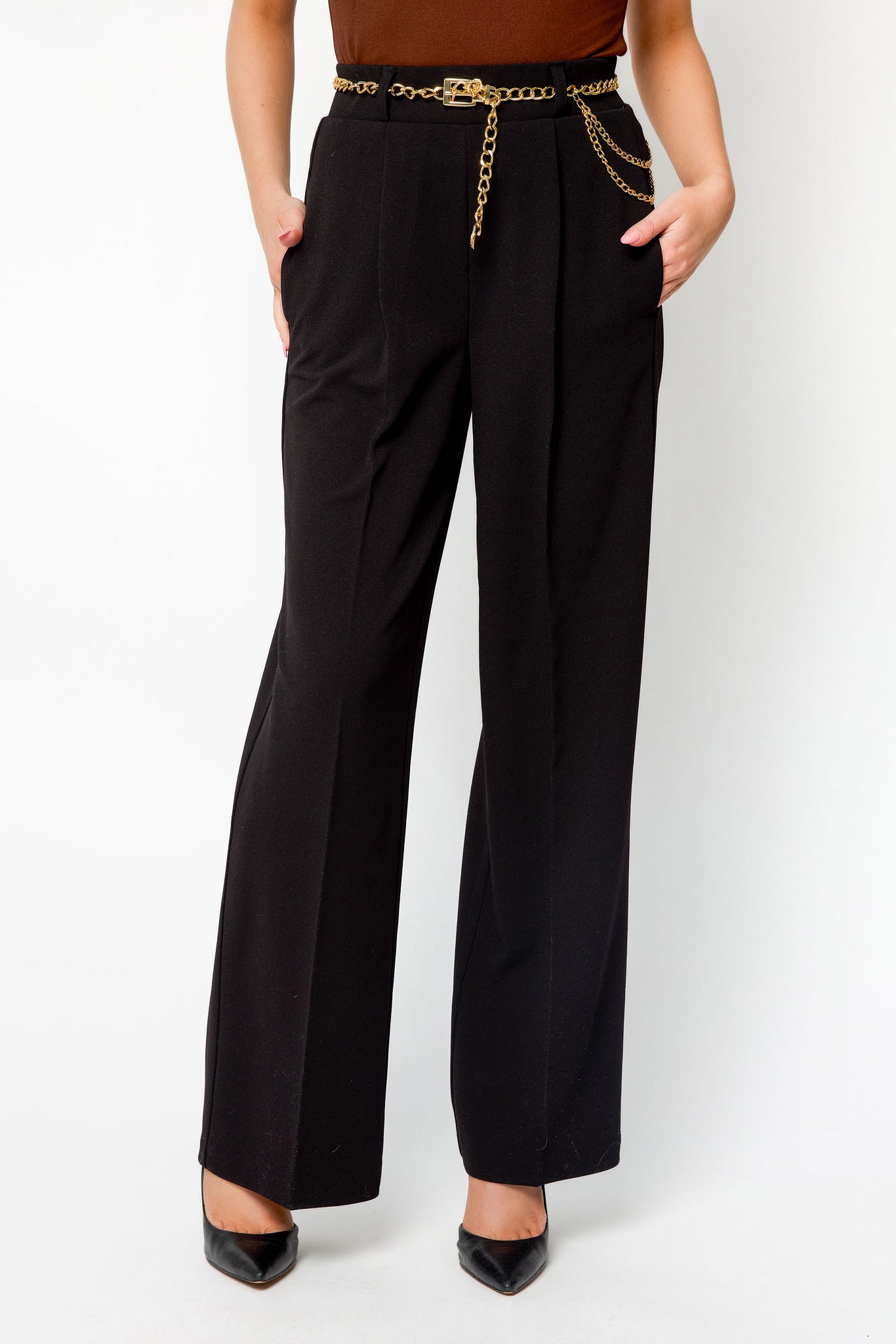 Knit Crepe High-Rise Pant with Chain-Belt