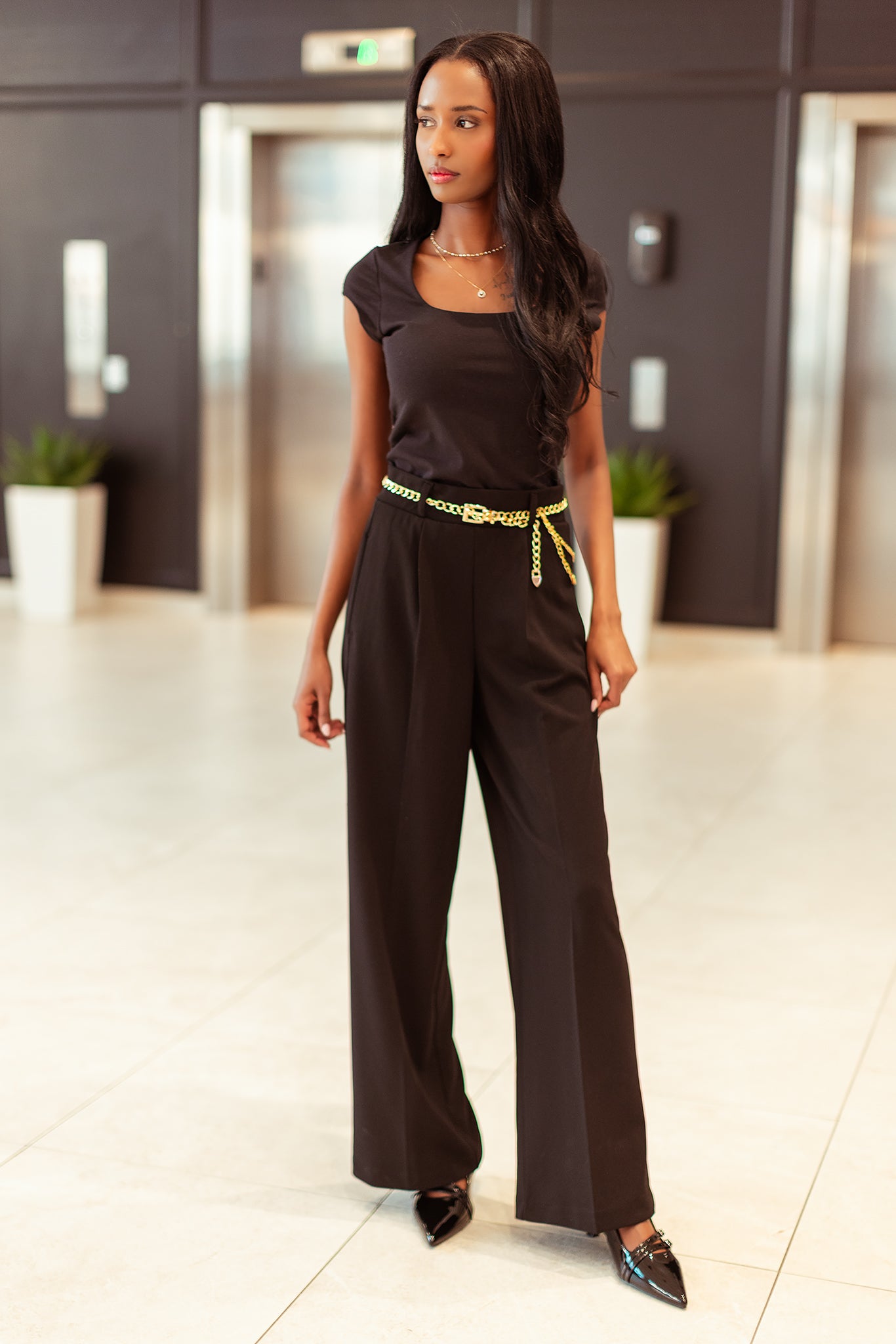 Knit Crepe High-Rise Pant with Chain-Belt