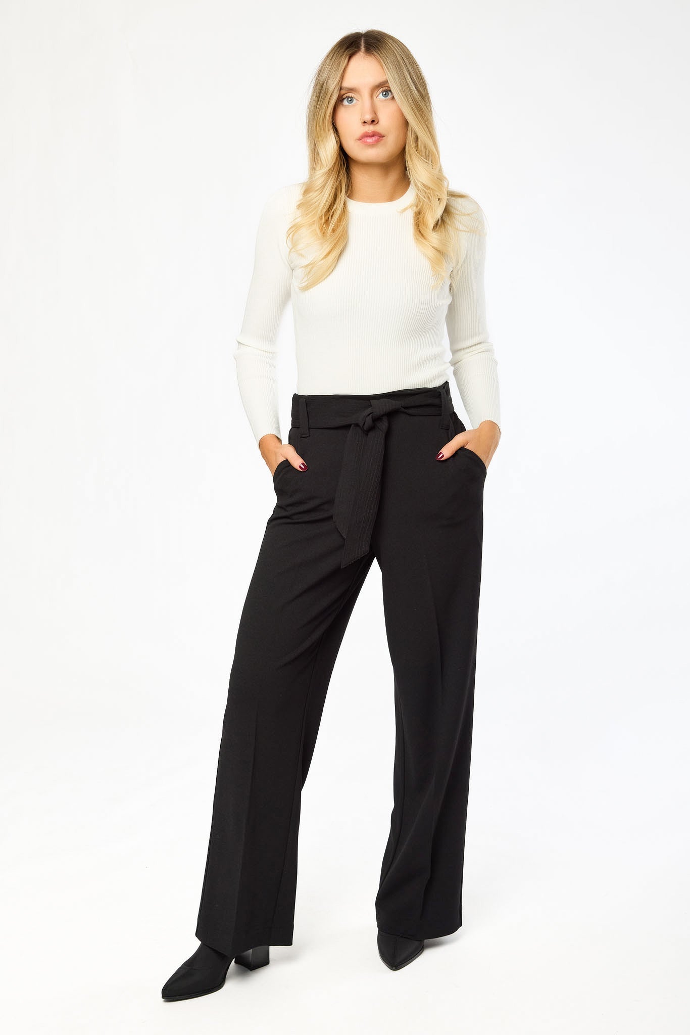 Knit Crepe Wide Leg Pant with Tie-Belt