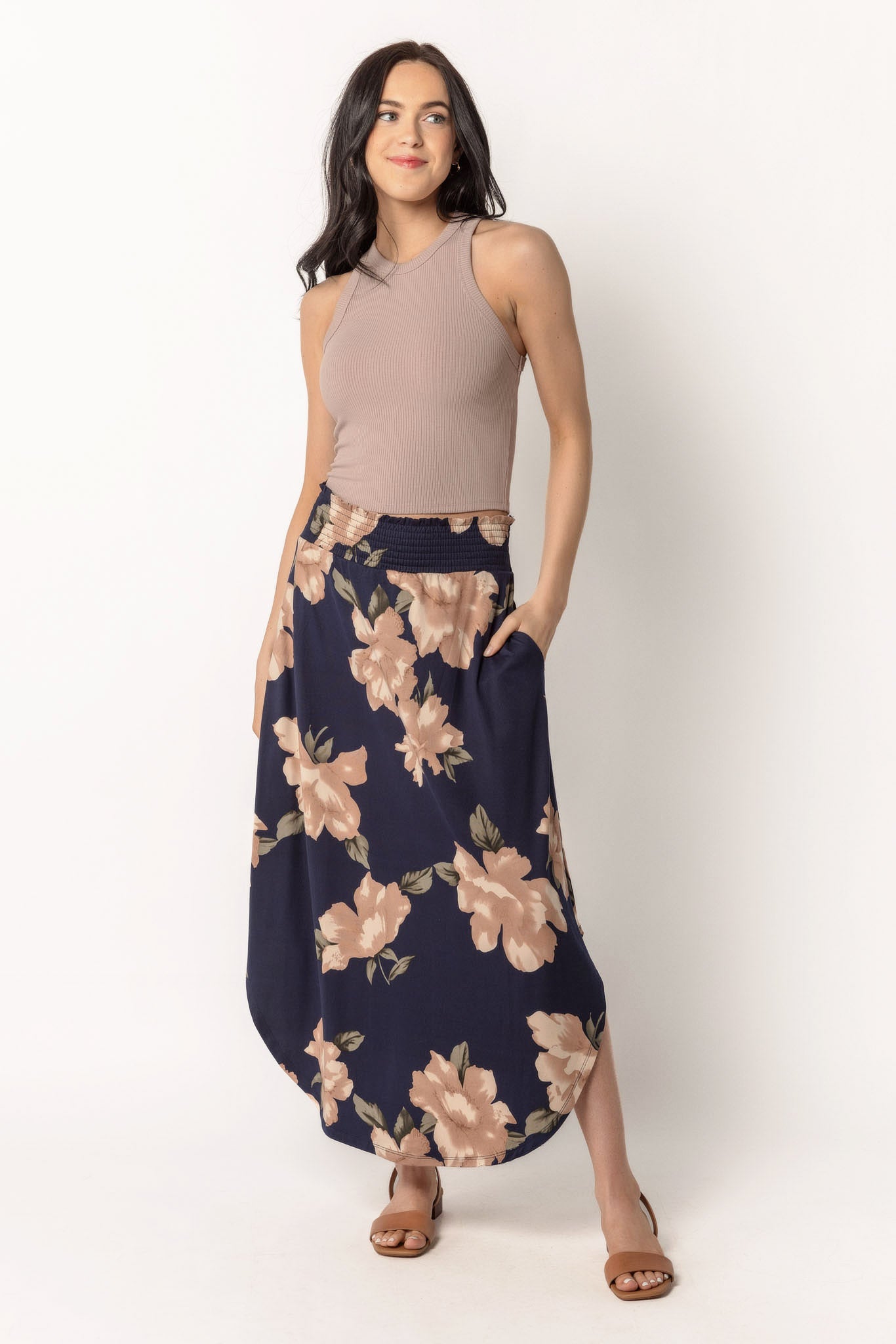 Floral Brushed Maxi Skirt with Smocked Waistband