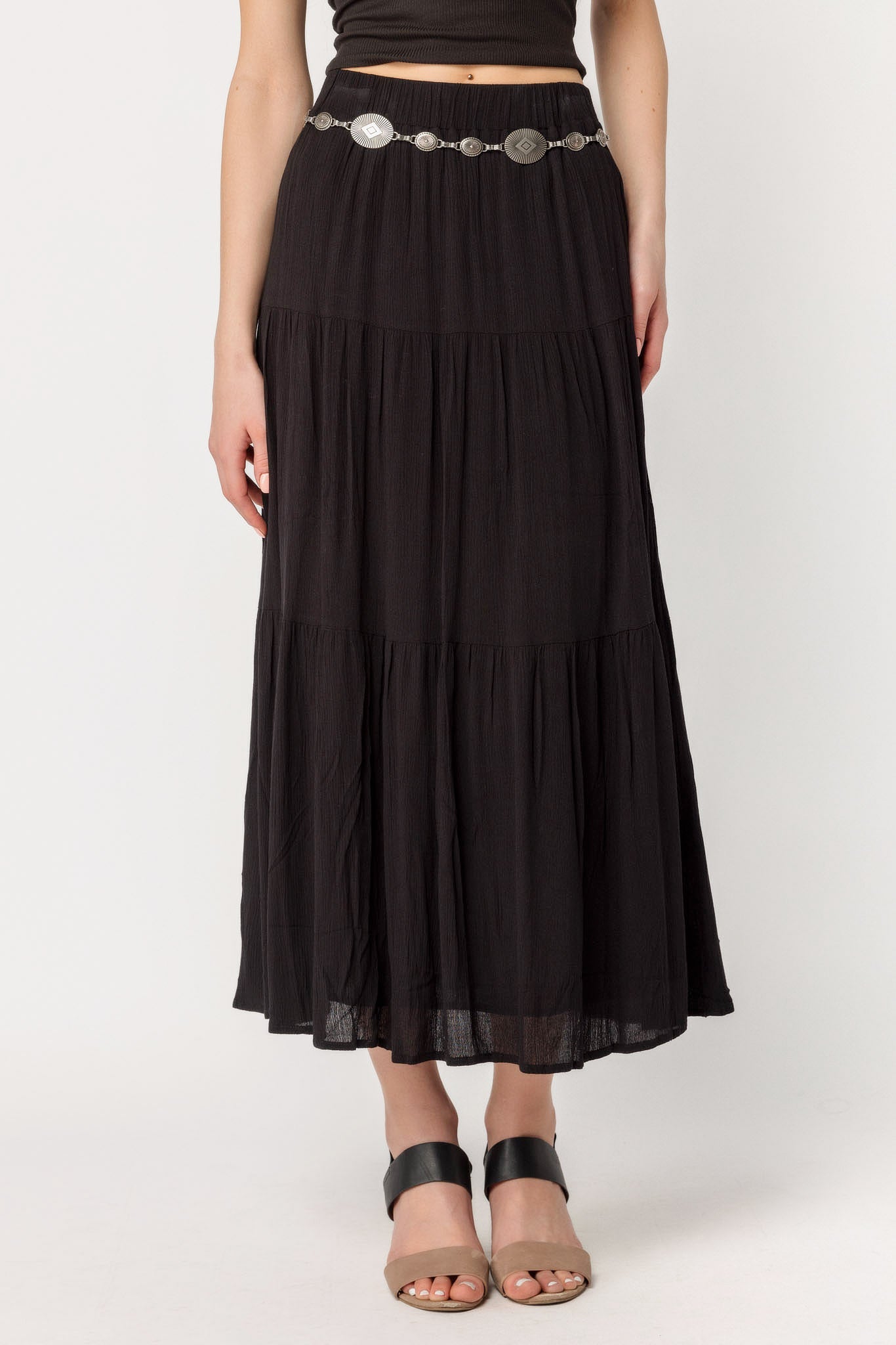 Black Gauze Peasant Maxi Skirt with Metal Belt