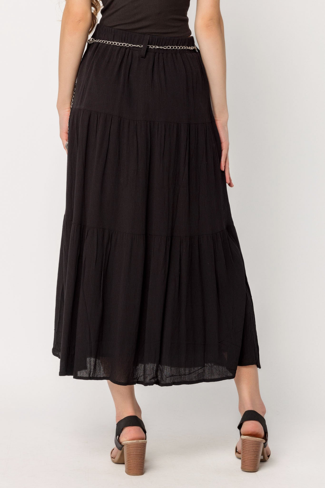 Black Gauze Peasant Maxi Skirt with Metal Belt