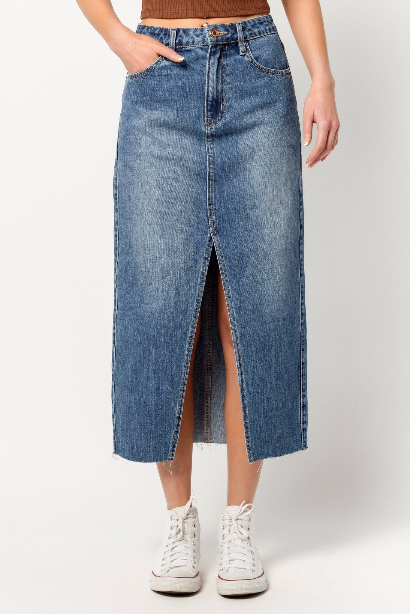 YMI Mid-Wash Maxi Skirt with Front Slit