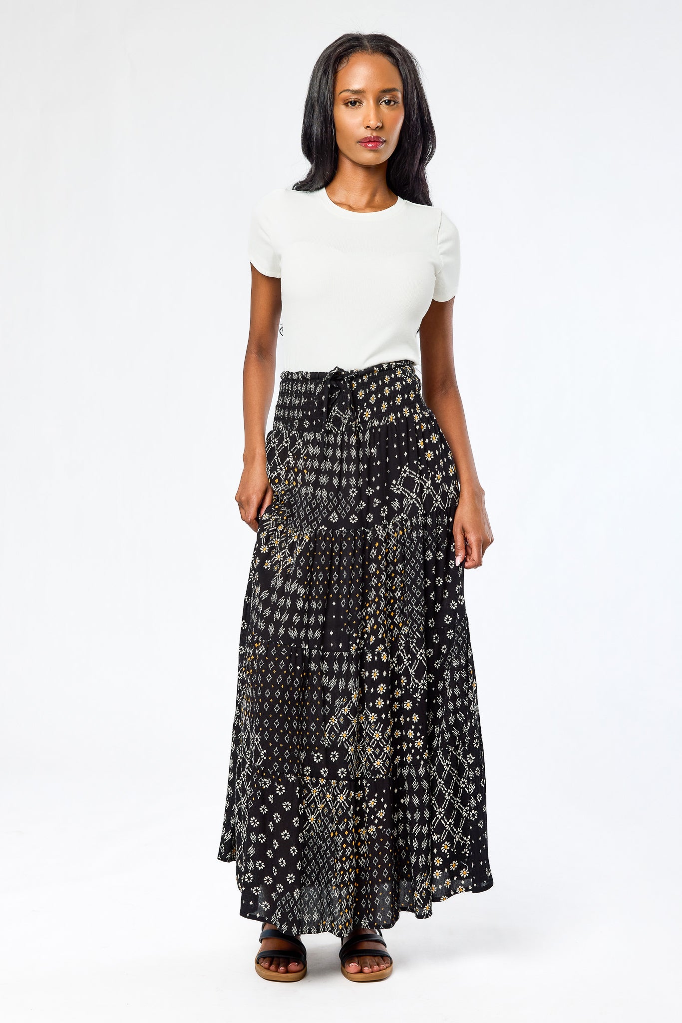 Boho Print Gauze Tiered Maxi Skirt