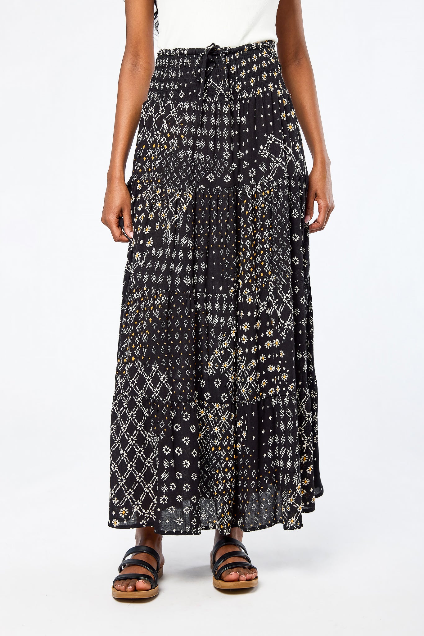 Boho Print Gauze Tiered Maxi Skirt