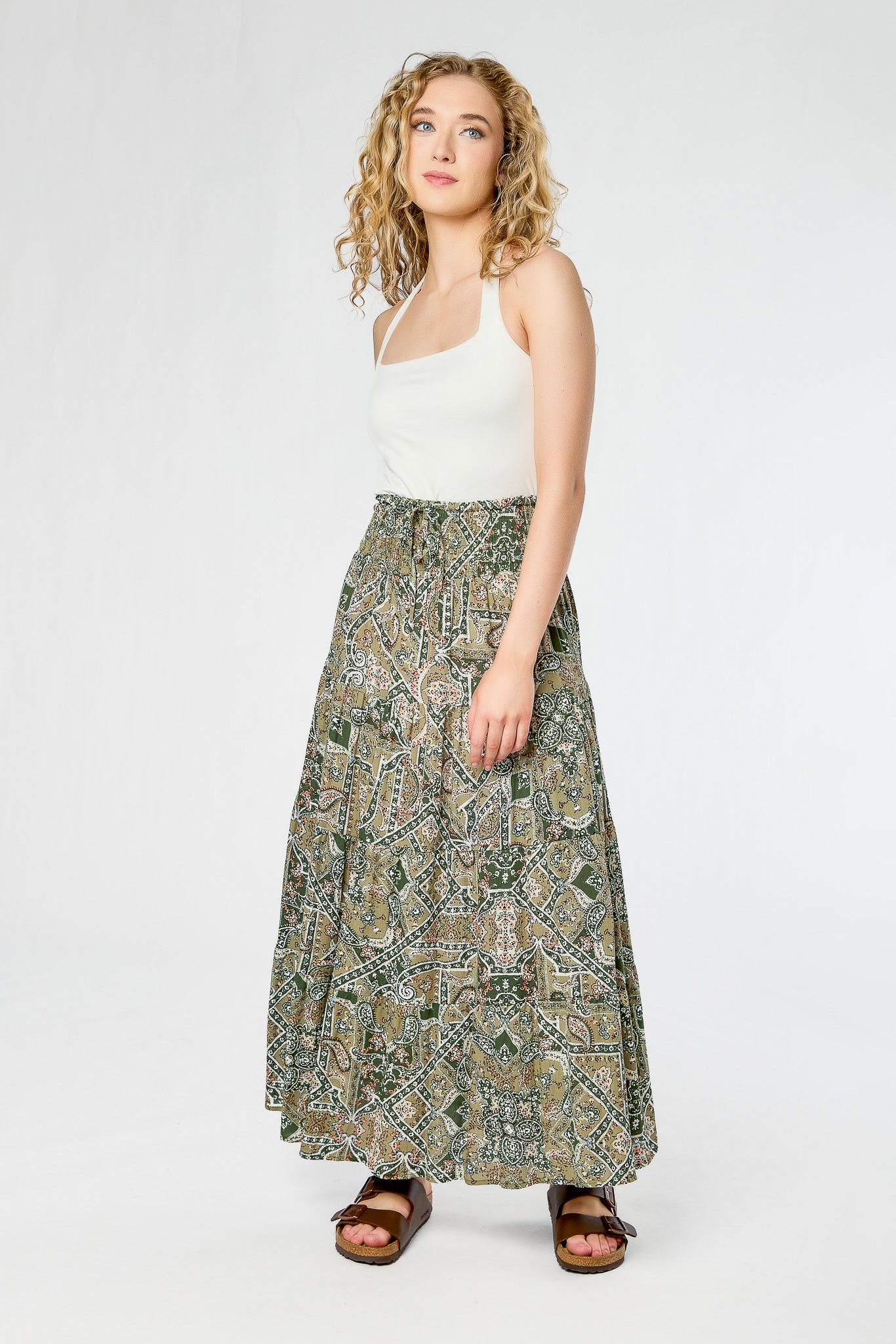 Olive Combo Patchwork Rayon Gauze Tiered Maxi