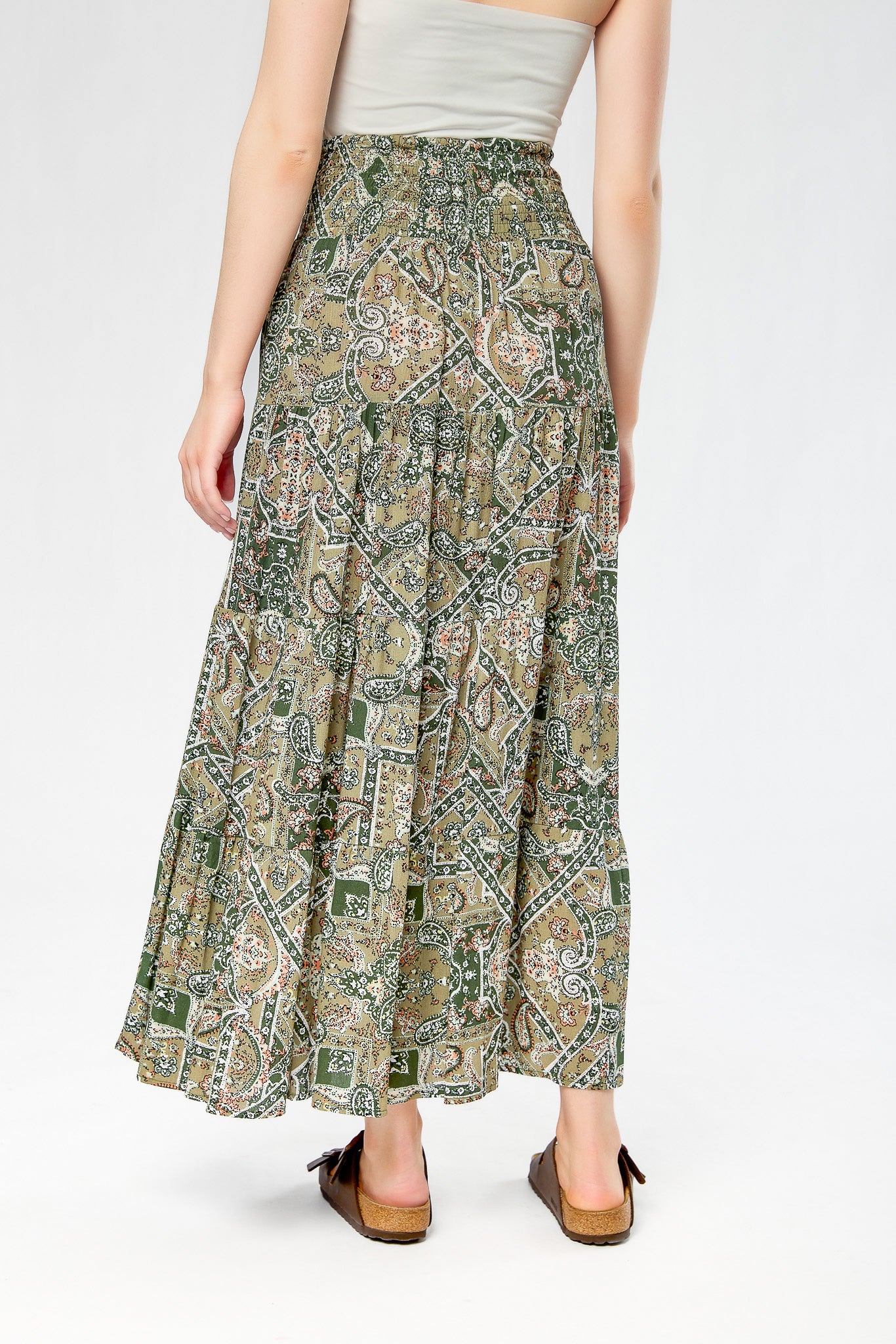 Olive Combo Patchwork Rayon Gauze Tiered Maxi