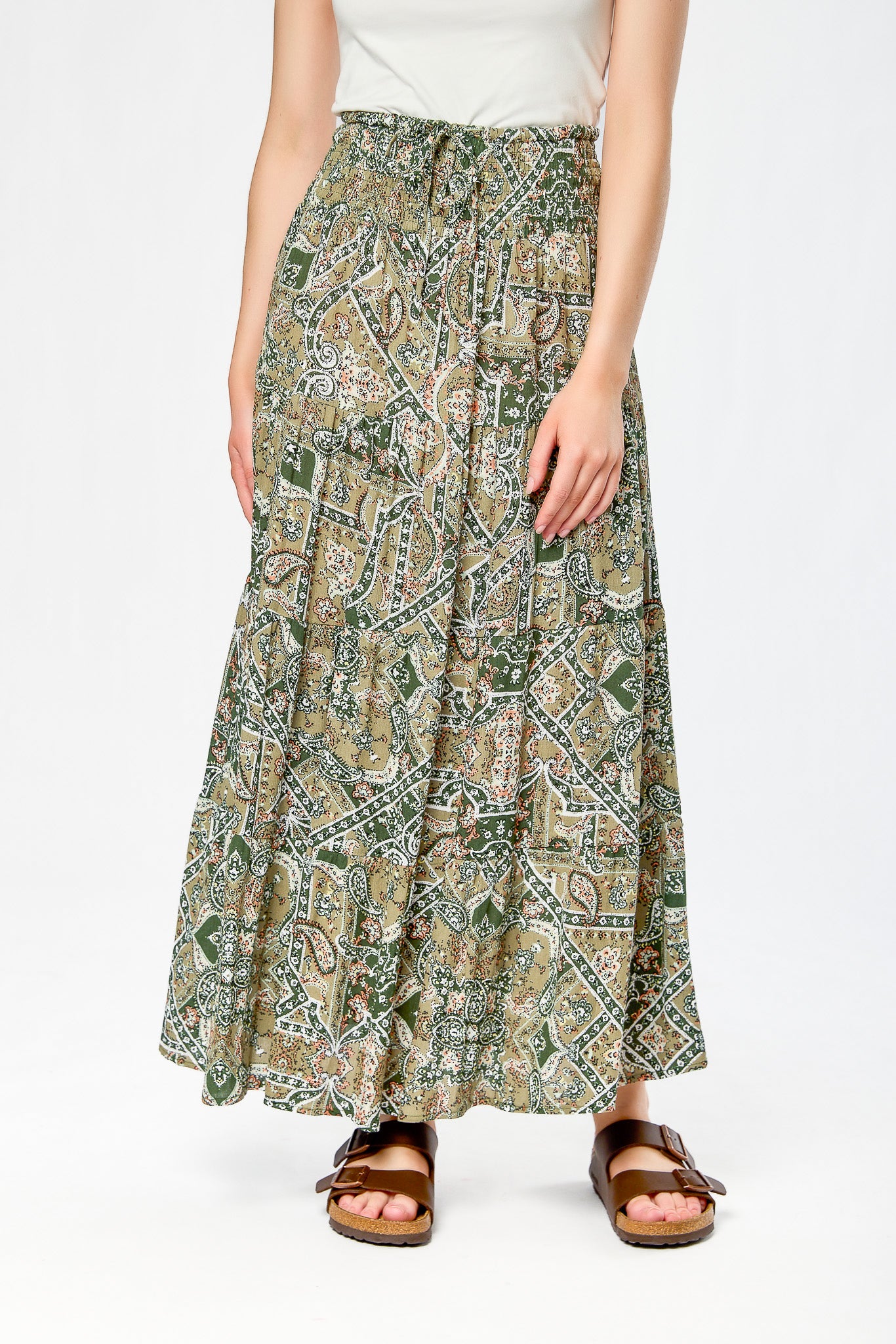 Olive Combo Patchwork Rayon Gauze Tiered Maxi