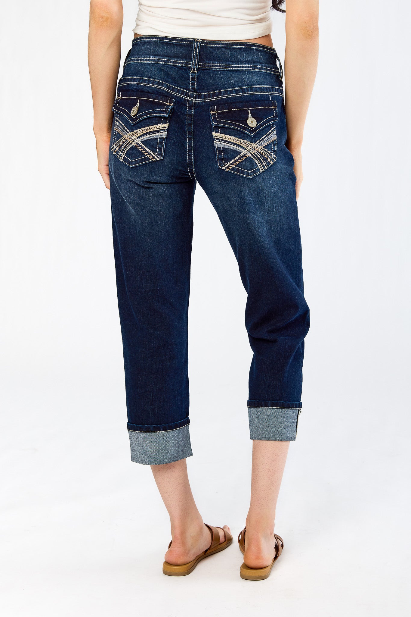 Wallflower Evan Wash Insta-Stretch Flirty Curvy High-Rise Crop Jeans with Back Flap Pockets