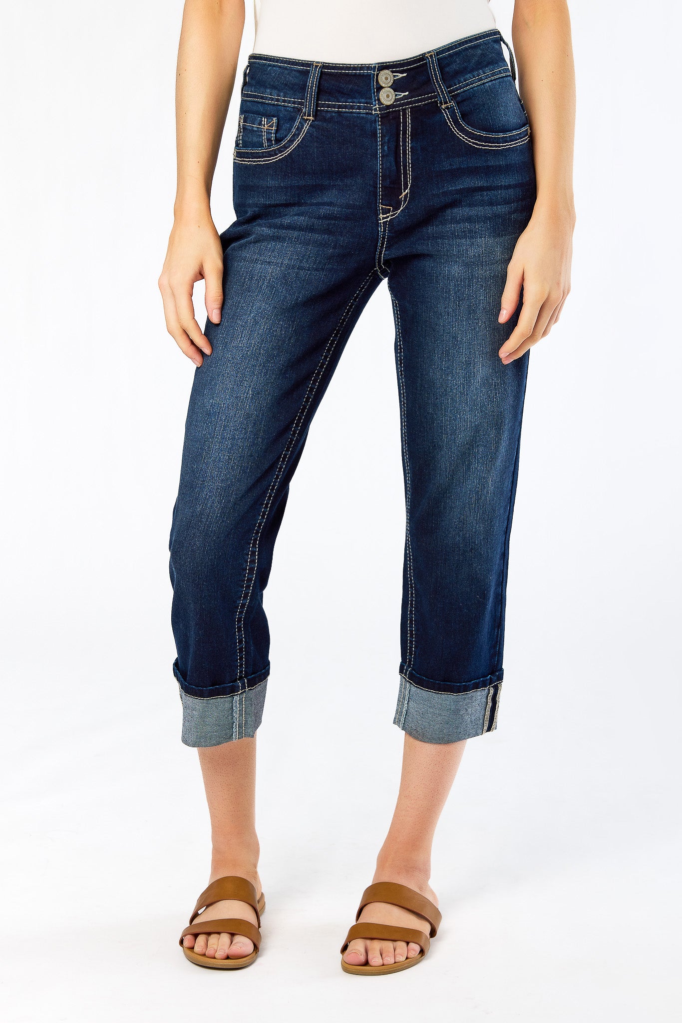 Wallflower Evan Wash Insta-Stretch Flirty Curvy High-Rise Crop Jeans with Back Flap Pockets
