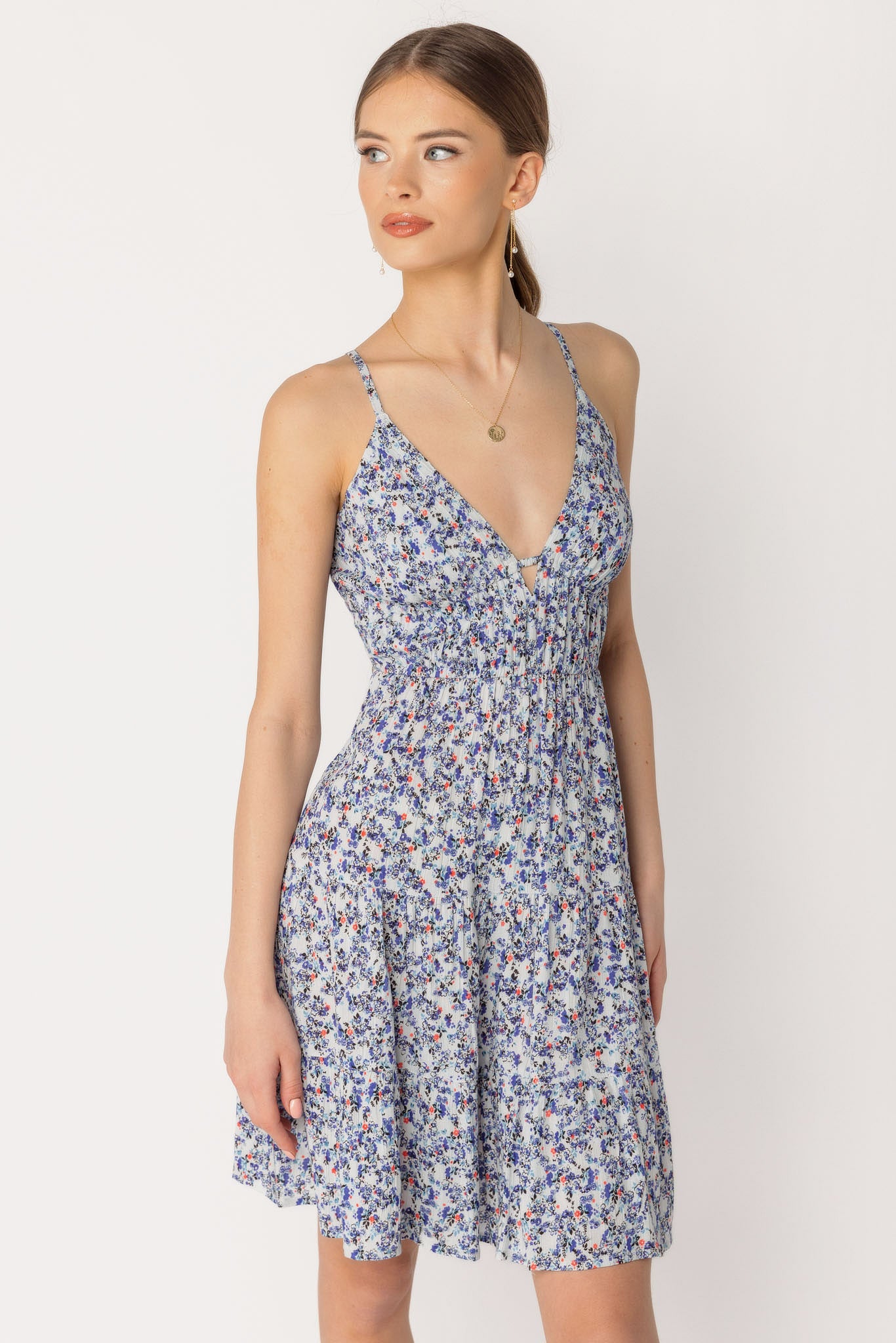 Ditsy Spaghetti Strap Tiered Dress with Tie-Back