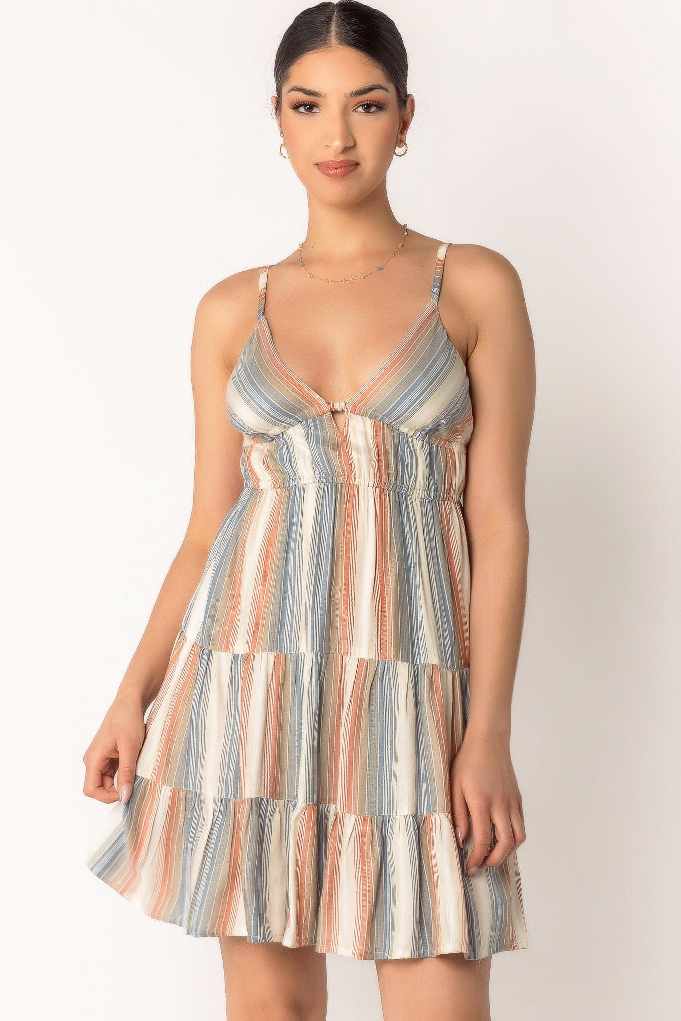 Stripe Spaghetti Strap Tiered Dress with Tie-Back