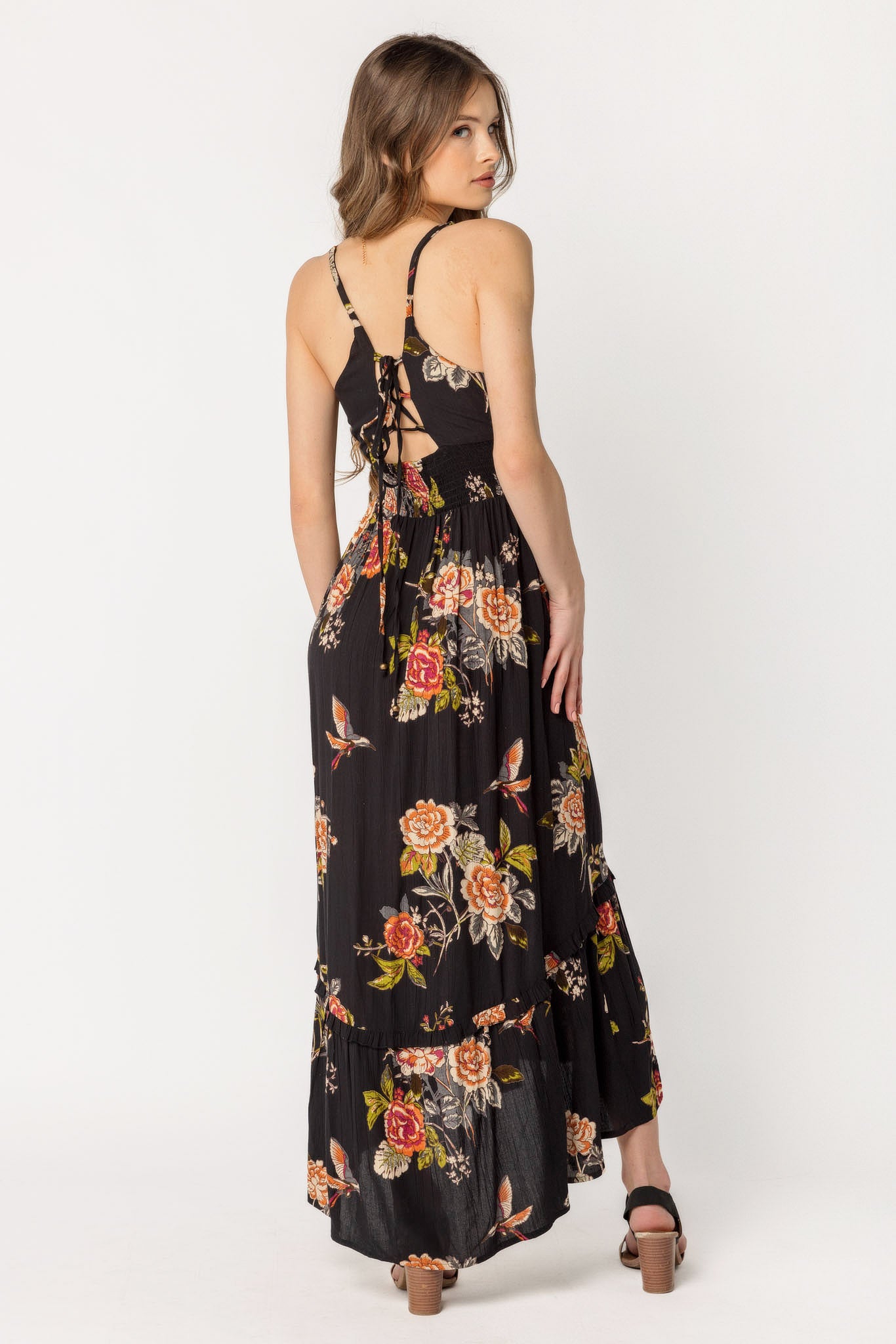 Floral/Bird Smocked High Low Dress with Lace-Up Back