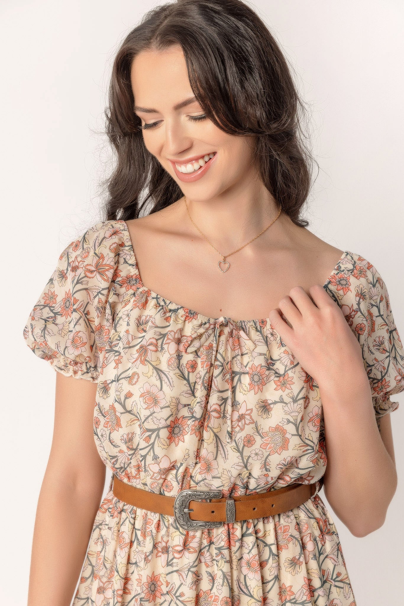 Wallflower Boho Floral Puff Sleeve Belted Maxi Dress