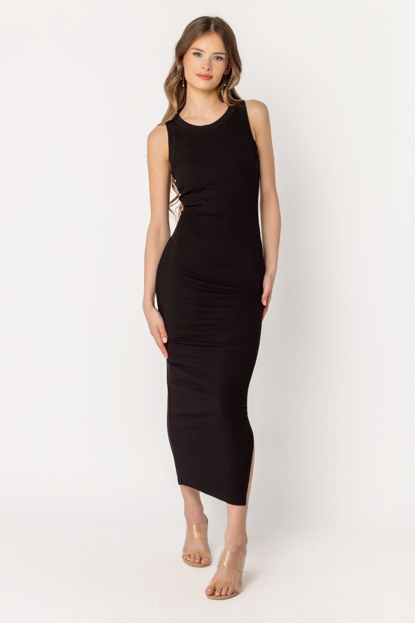 Rib Tank Midi Dress with Ruching