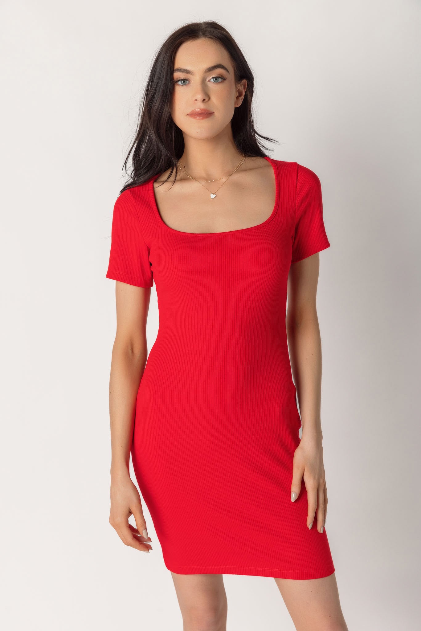 Rib Short Sleeve Square Neck Bodycon Dress