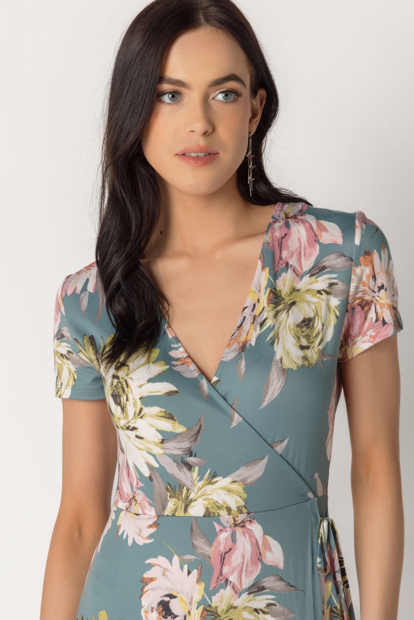 Large Floral Brushed Cap Sleeve Crossover High Low Dress