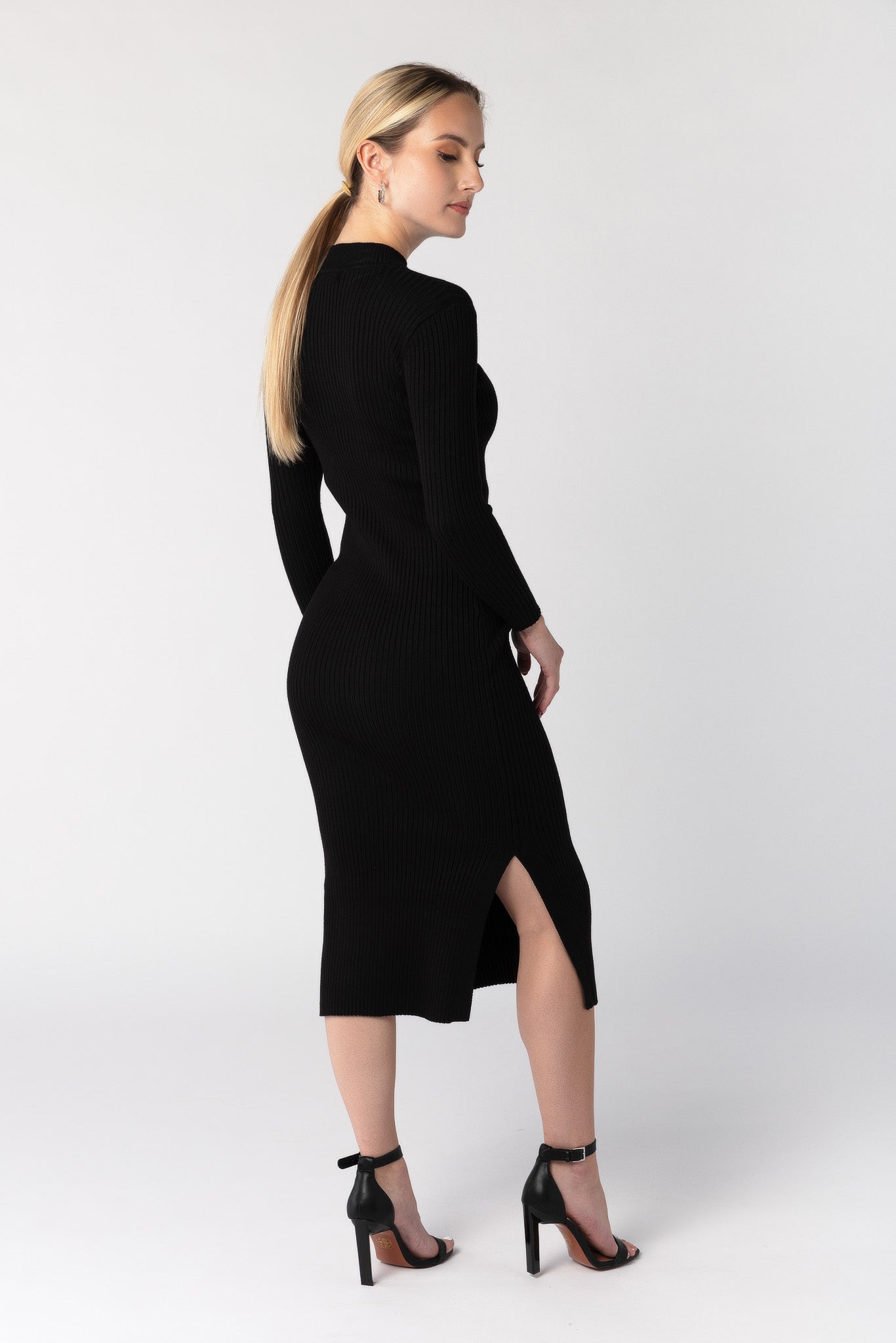 Mockneck Midi Dress with Slide Slits and 3/4 Sleeve
