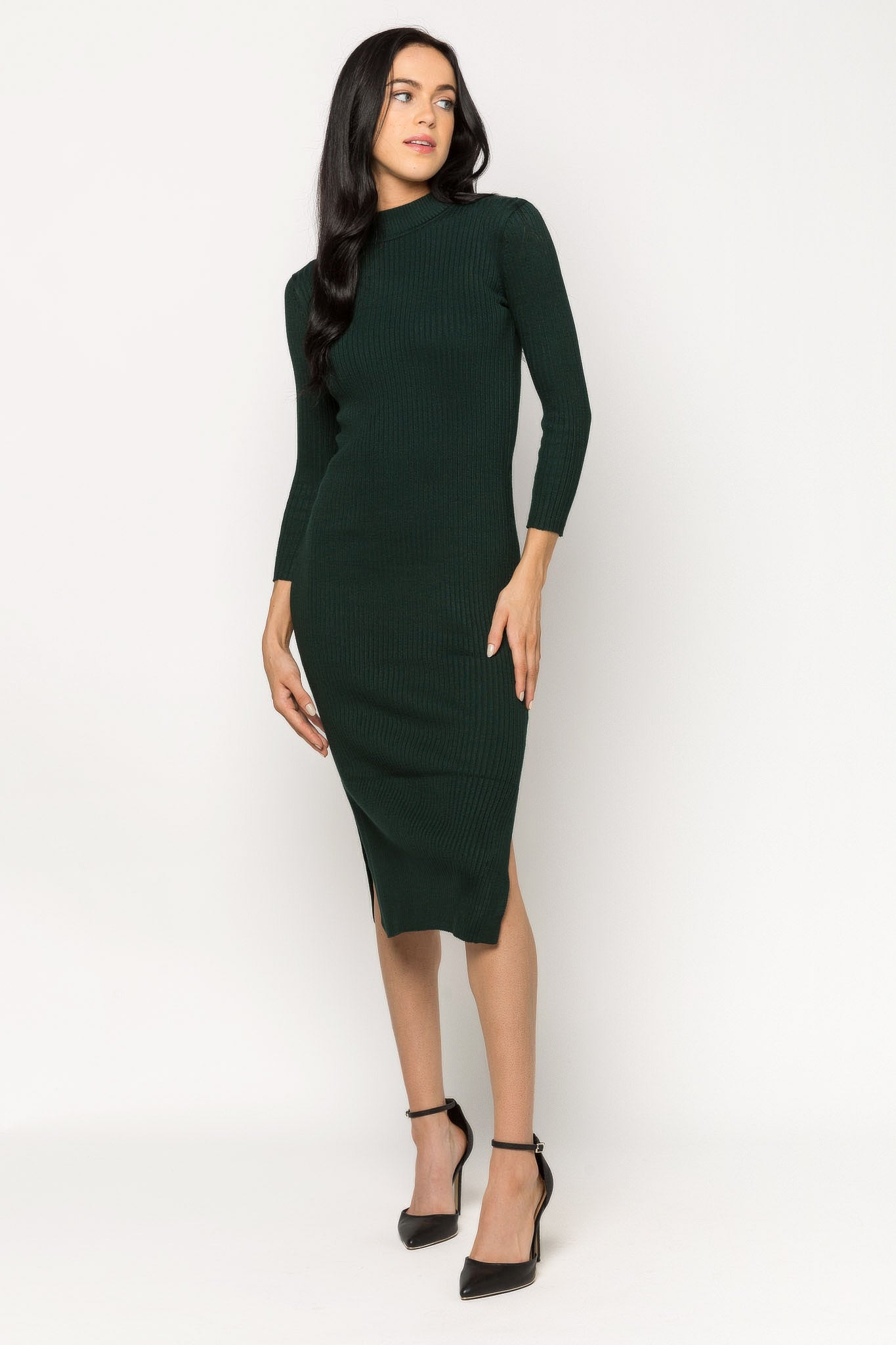 Mockneck Midi Dress with Slide Slits and 3/4 Sleeve