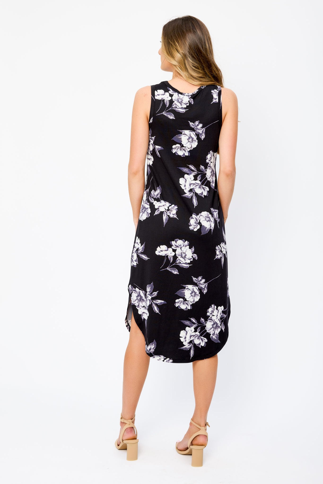 Floral Sleeveless Crew-Neck Midi Dress with Shirttail Hem
