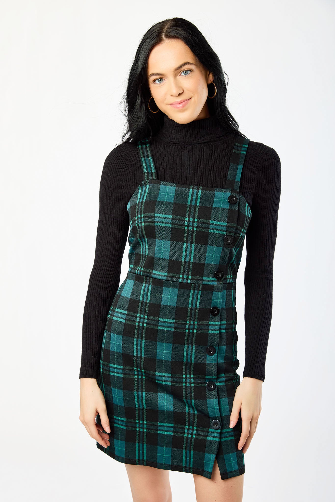 Everleigh Plaid Jacquard Square-Neck Jumper Dress with Asymmetrical Buttons