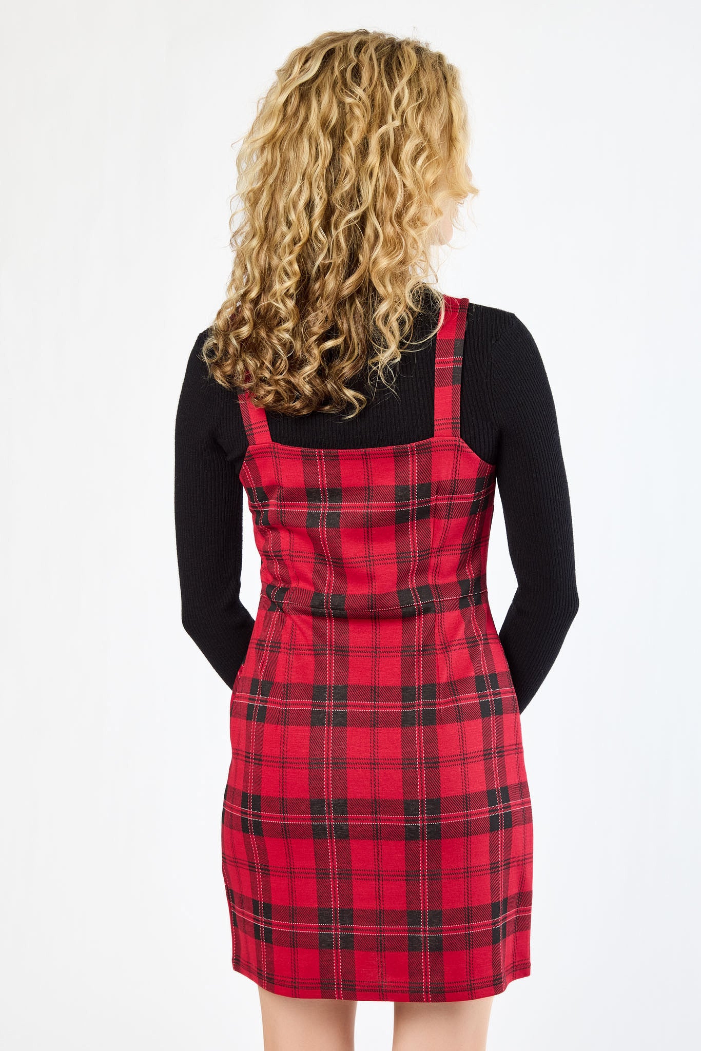 Mackenzie Plaid Jacquard Square-Neck Jumper Dress with Asymmetrical Buttons