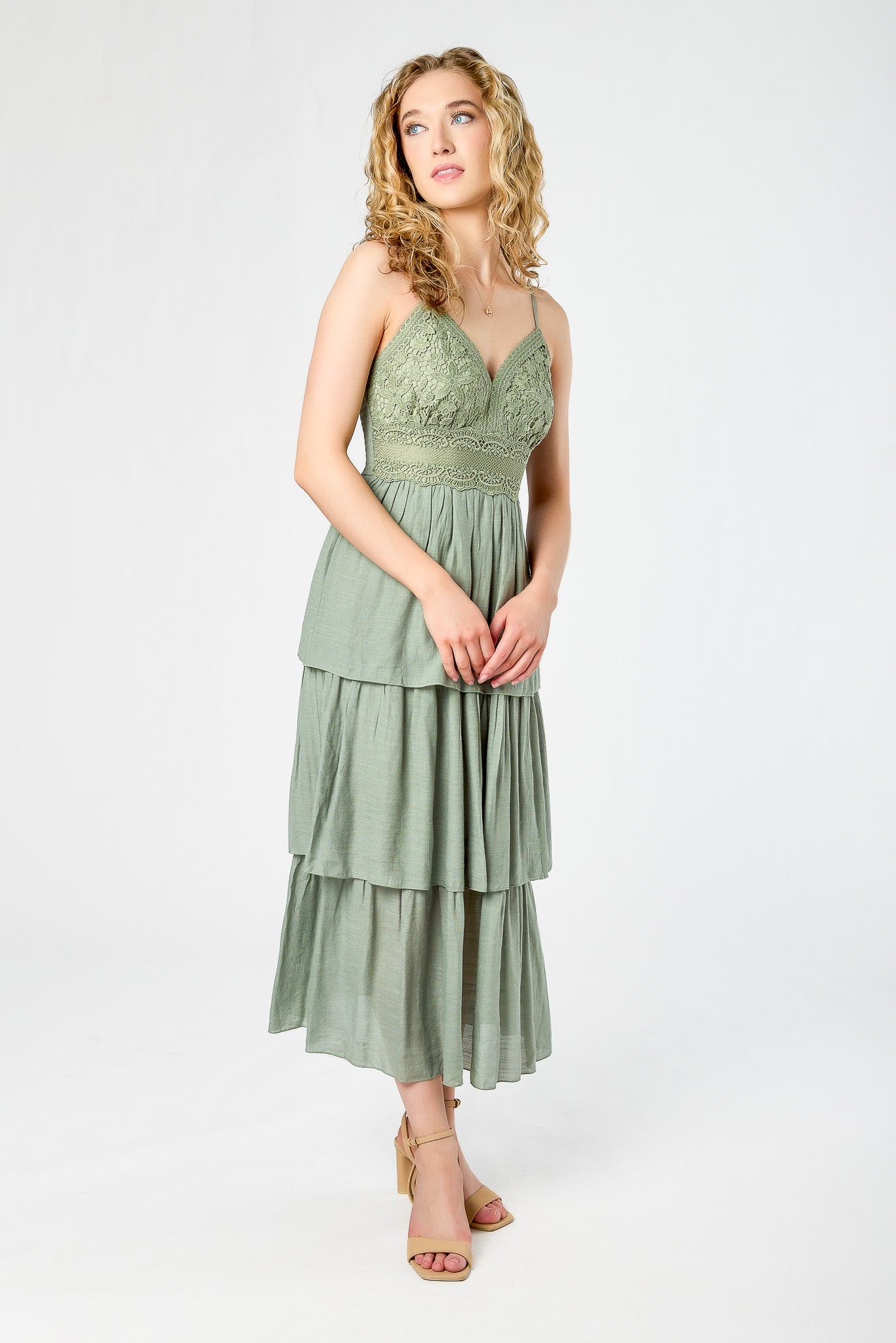 Gauze Spaghetti Strap V-Neck Maxi Dress with Crochet Bodice and Tiered Skirt