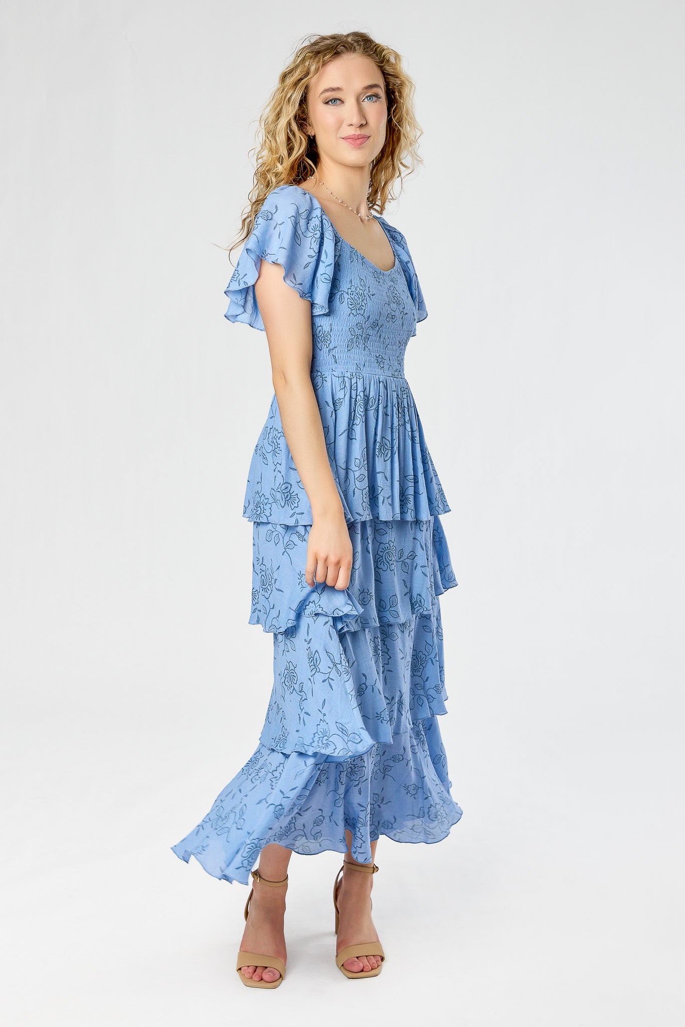 Floral Smocked Square-Neck Flutter-Sleeve Maxi Dress with Layered Tiered Skirt