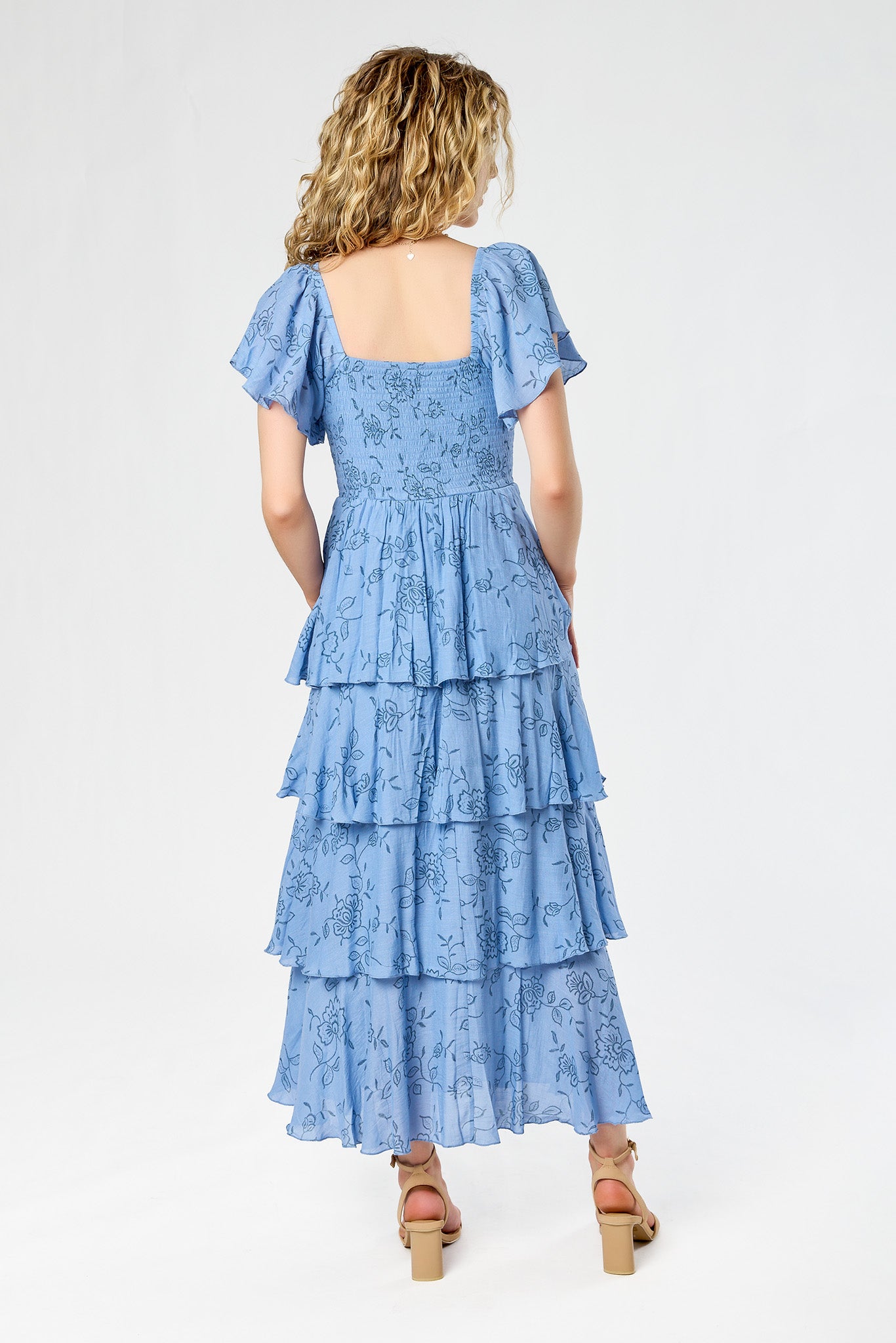 Floral Smocked Square-Neck Flutter-Sleeve Maxi Dress with Layered Tiered Skirt