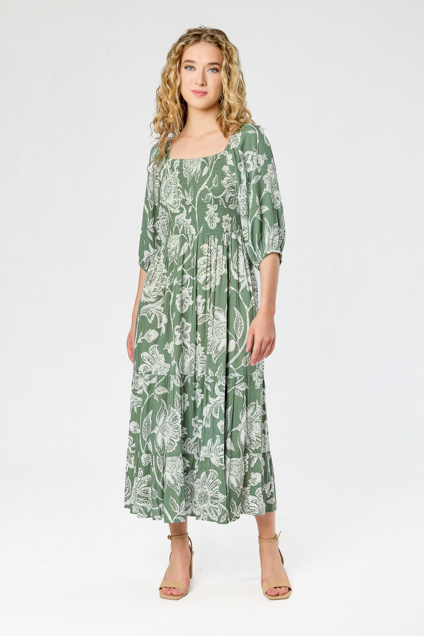 Floral Smocked Balloon-Sleeve Square-Neck Midi Dress with Pockets