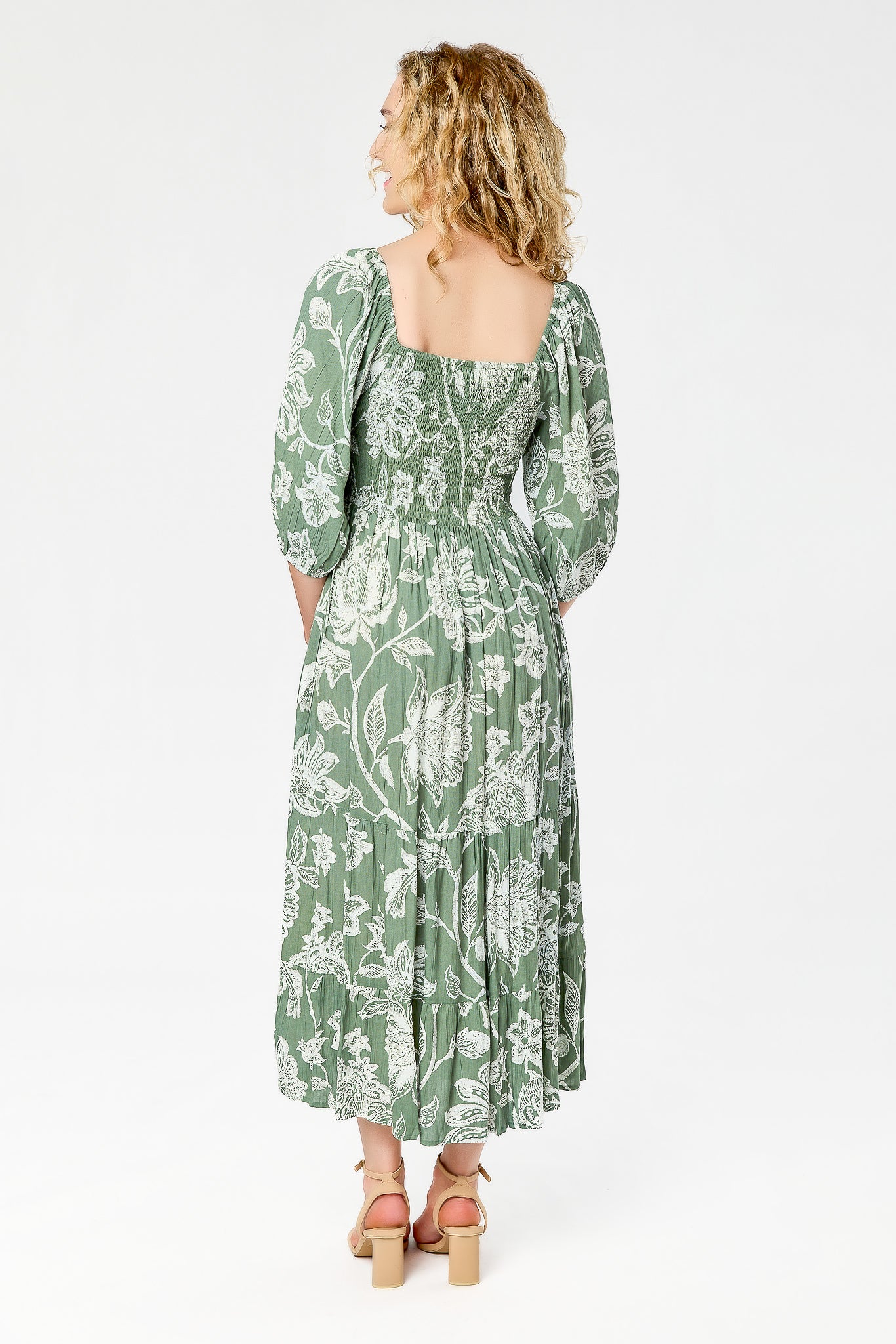 Floral Smocked Balloon-Sleeve Square-Neck Midi Dress with Pockets