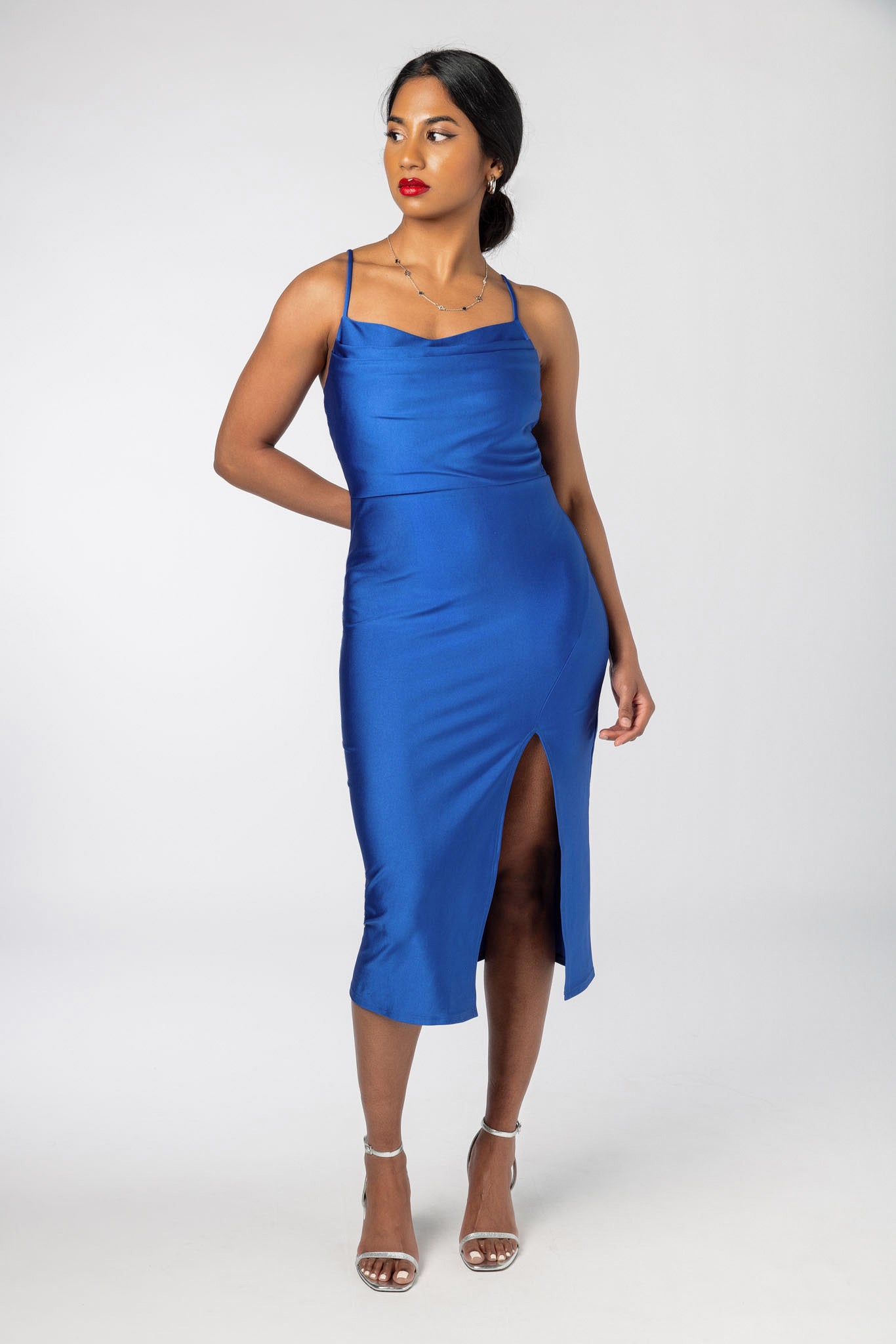 Satin Spaghetti Strap Midi Dress with Side Slit