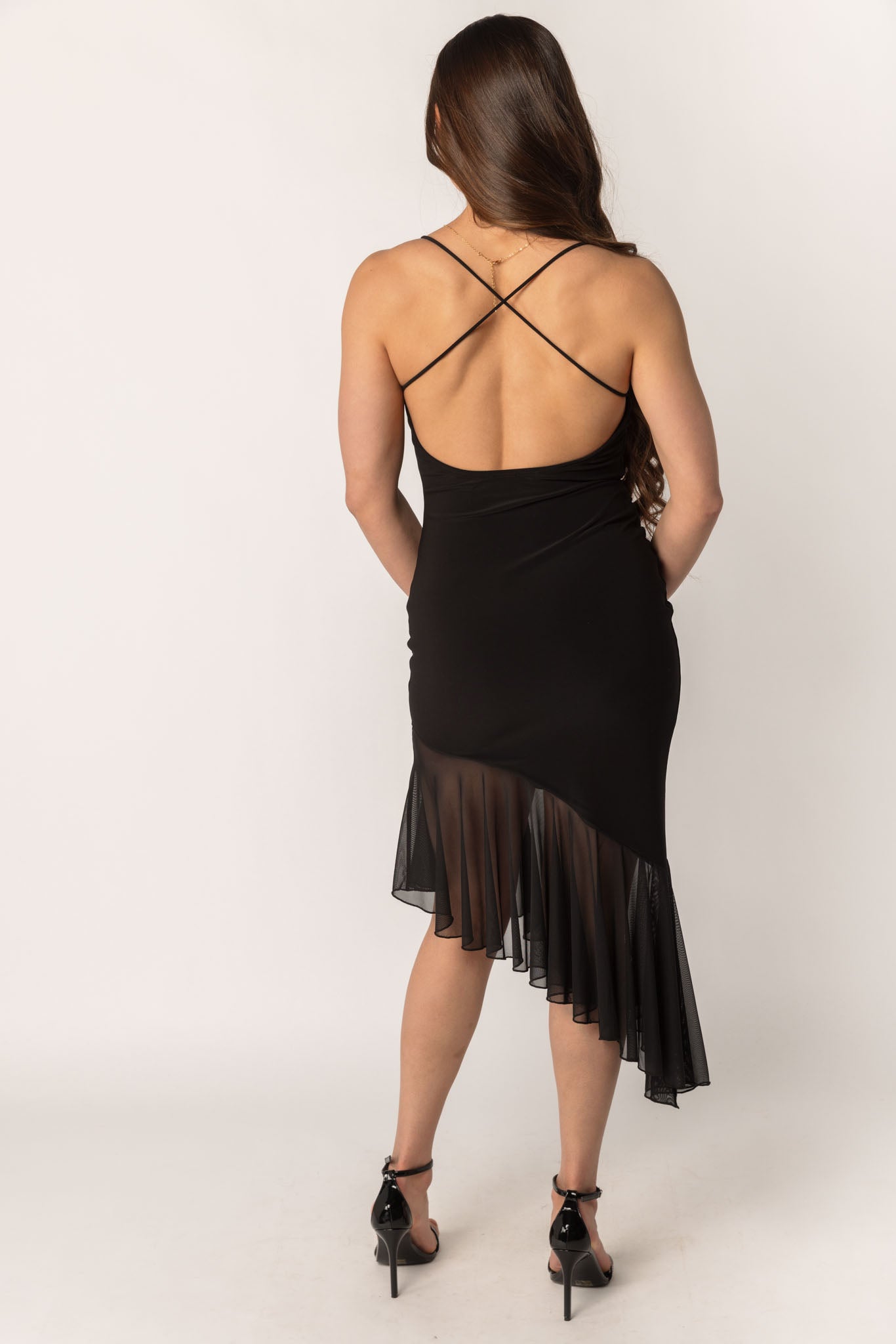 Spaghetti Strap Midi Dress with Asymmetrical Ruffle Hem